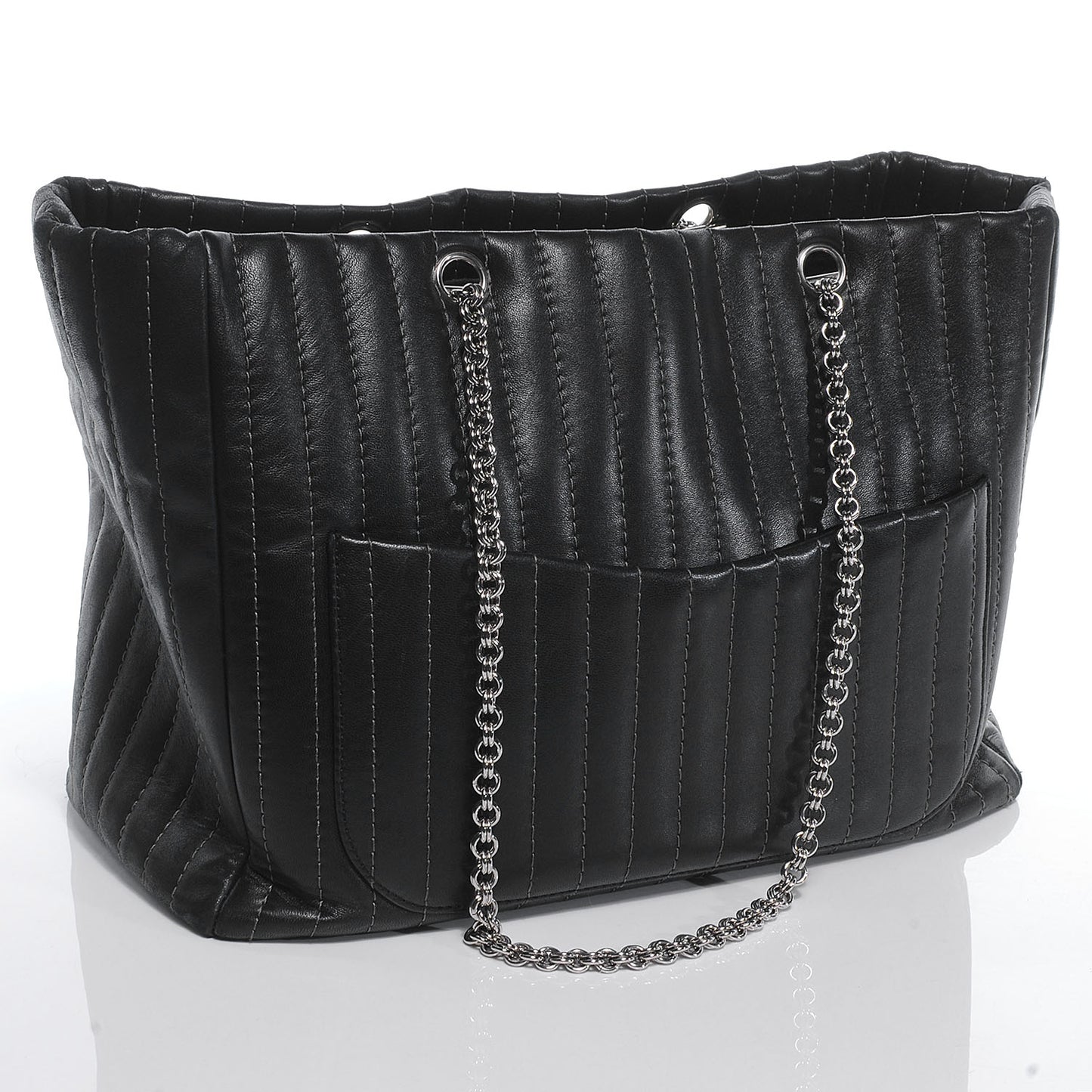 Lambskin Vertical Quilted Large Mademoiselle Tote Black