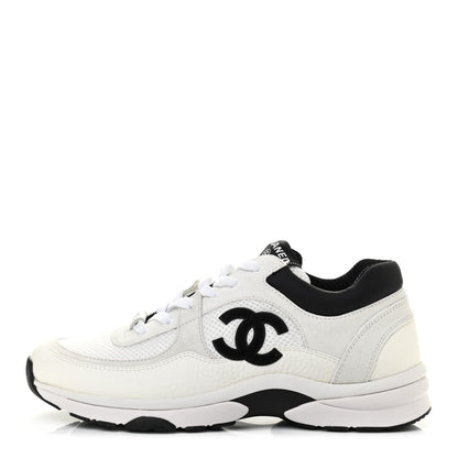 Chanel Mesh Suede Calfskin Grained Calfskin Womens CC Sneakers 40.5 White Black 1 of 8