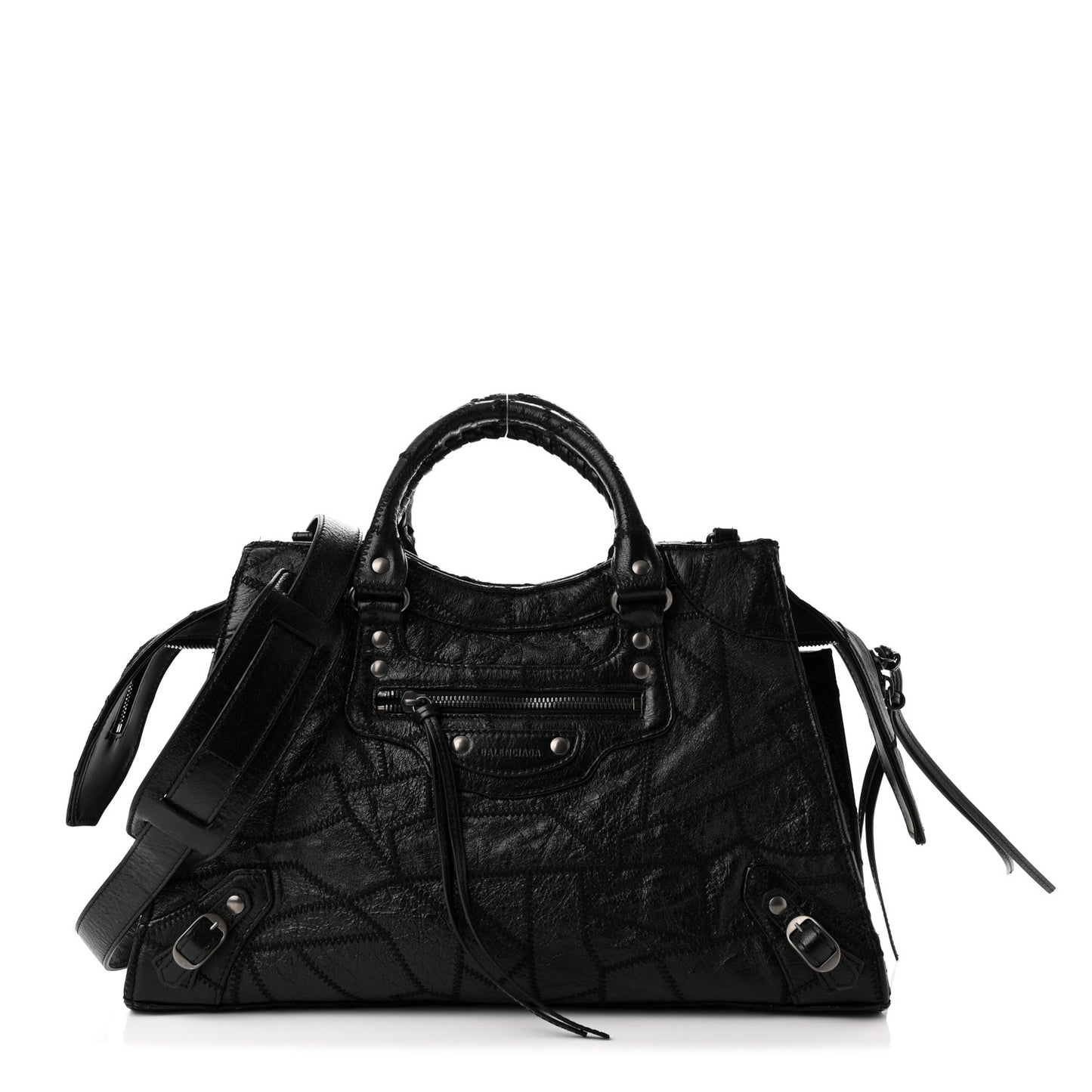 Calfskin Patchwork Stitched Neo Classic Silver Hardware City Black
