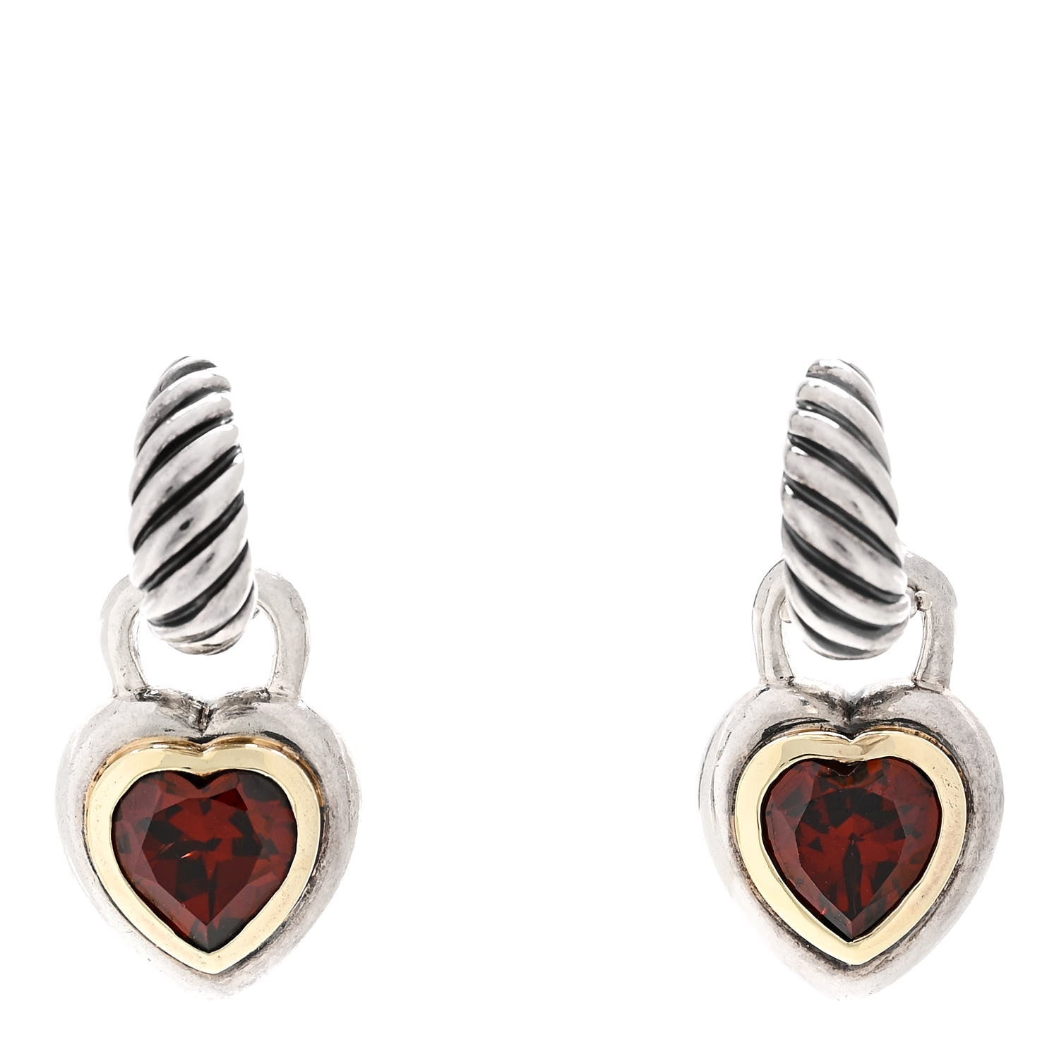 David Yurman Sterling Silver 14K Yellow Gold Garnet Heart Earrings 1 of 4