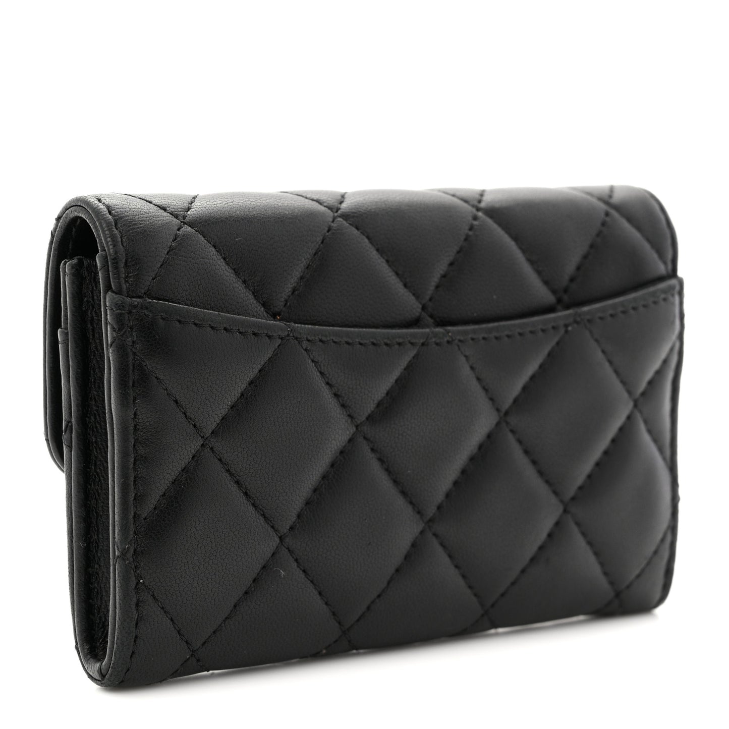 Lambskin Quilted Flap Card Holder Wallet Black