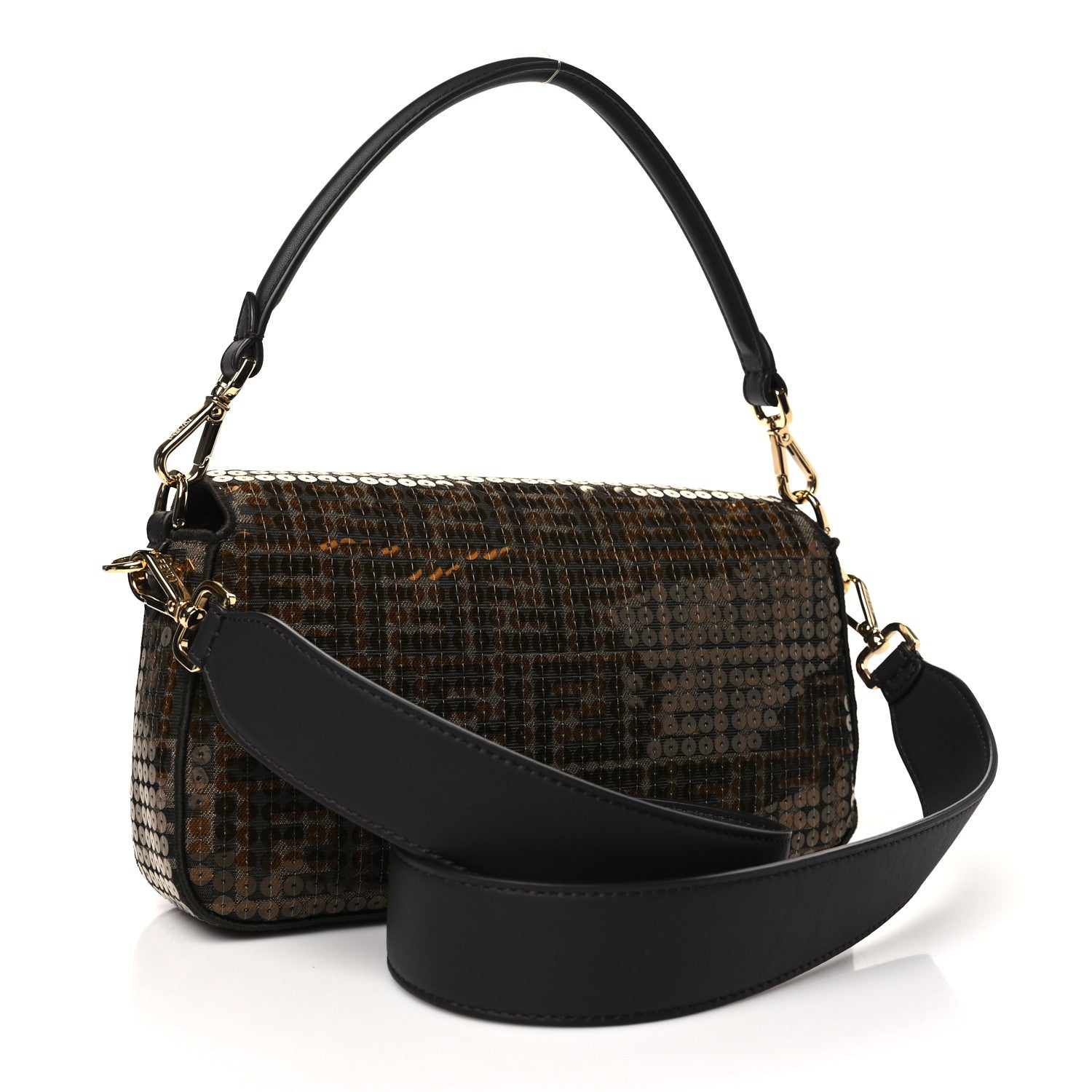 Fendi Fabric Jacquard Paillettes Vitello Seta FF Baguette Testa di Moro Real Ebano 3 of 10