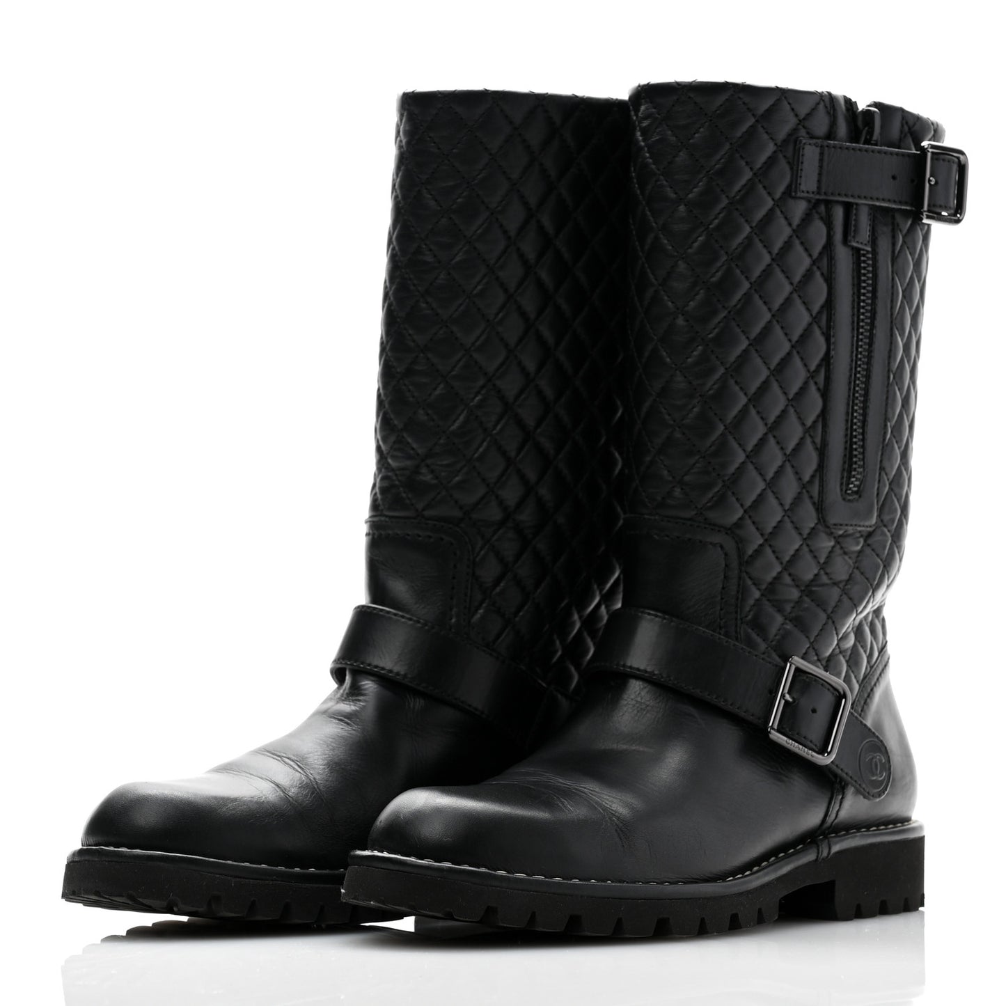 Calfskin Quilted Biker Boots 37 Black