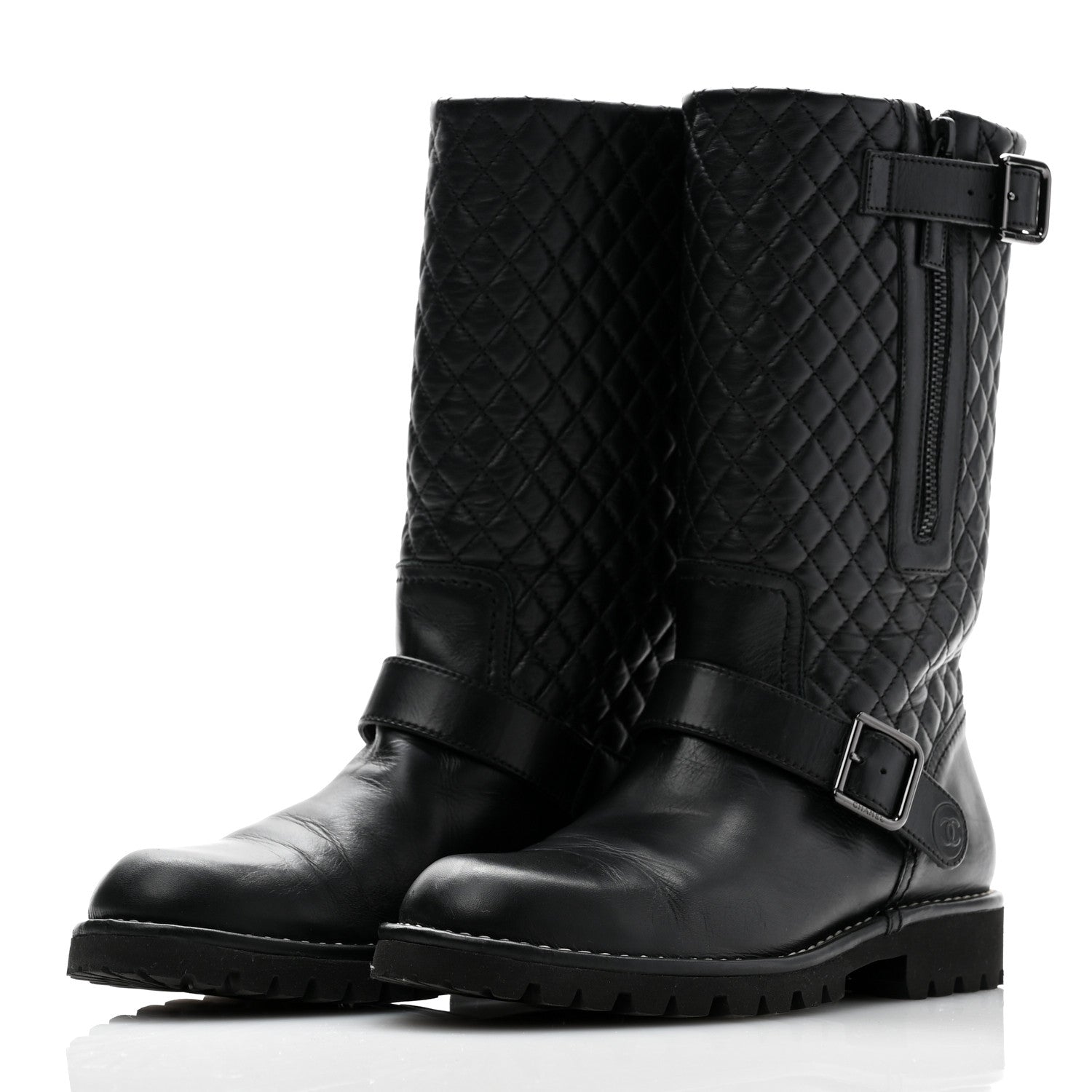 Chanel Calfskin Quilted Biker Boots 37 Black 3 of 11