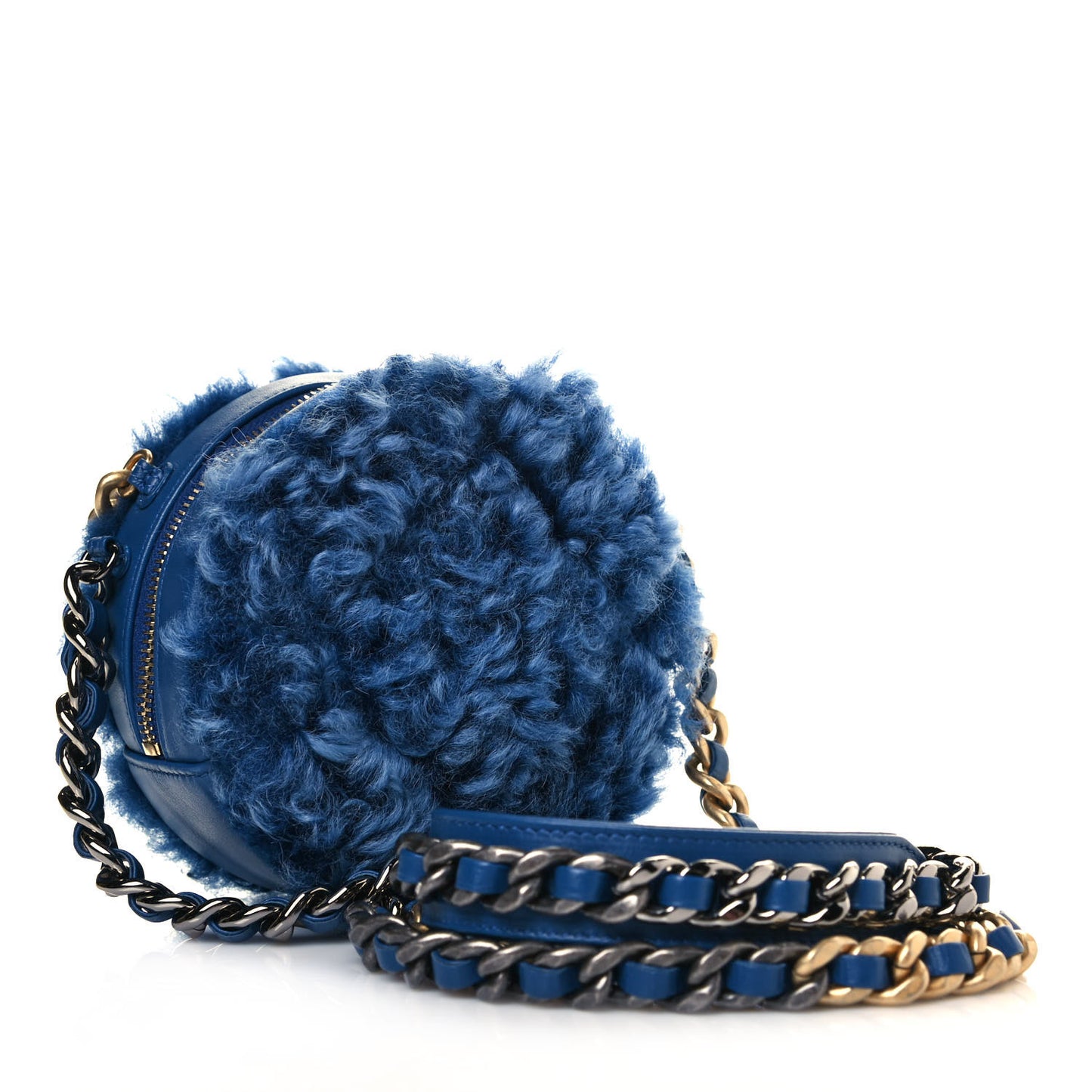 Shearling Sheepskin Chanel 19 Round Clutch With Chain Blue