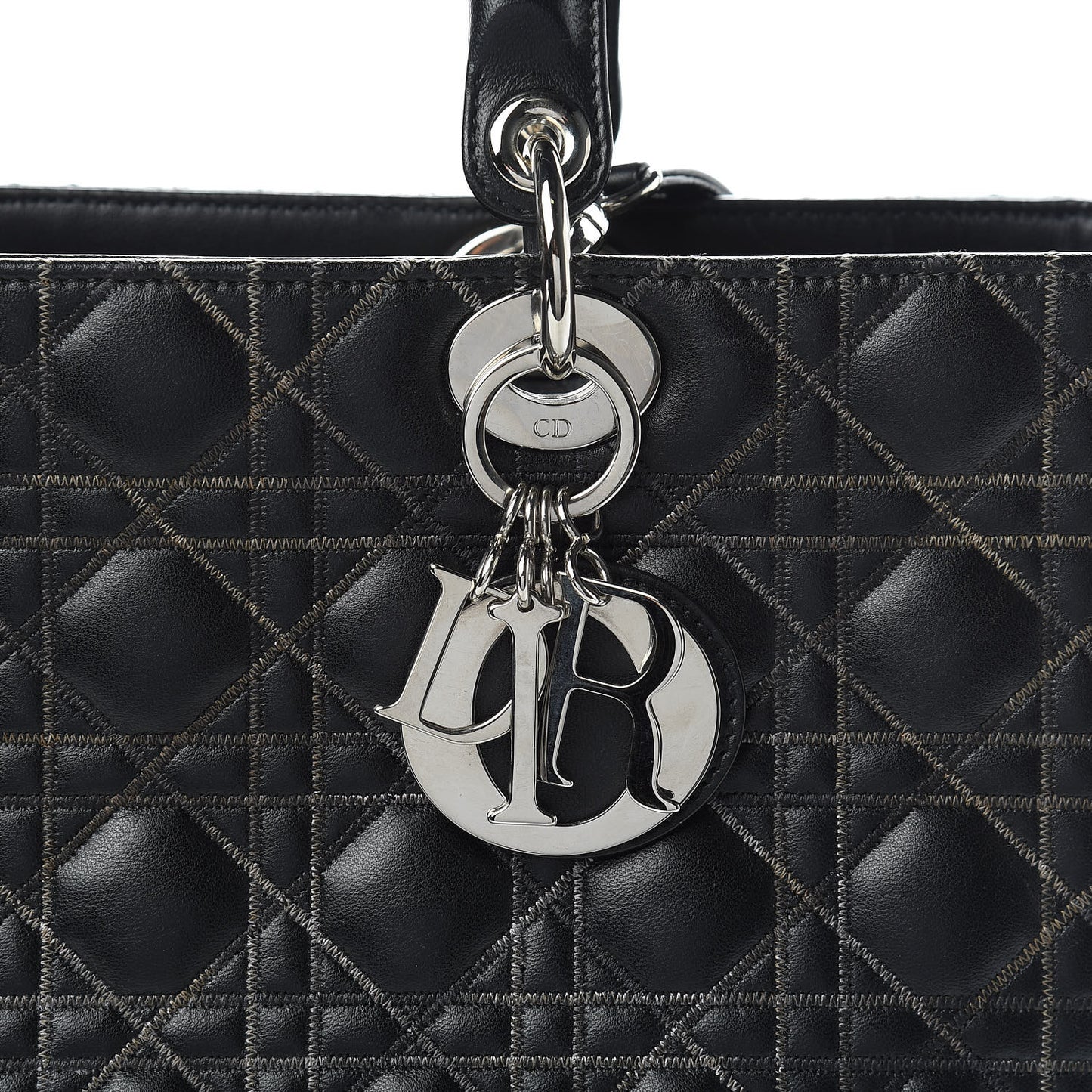 Lambskin Stitched Large Lady Dior Black