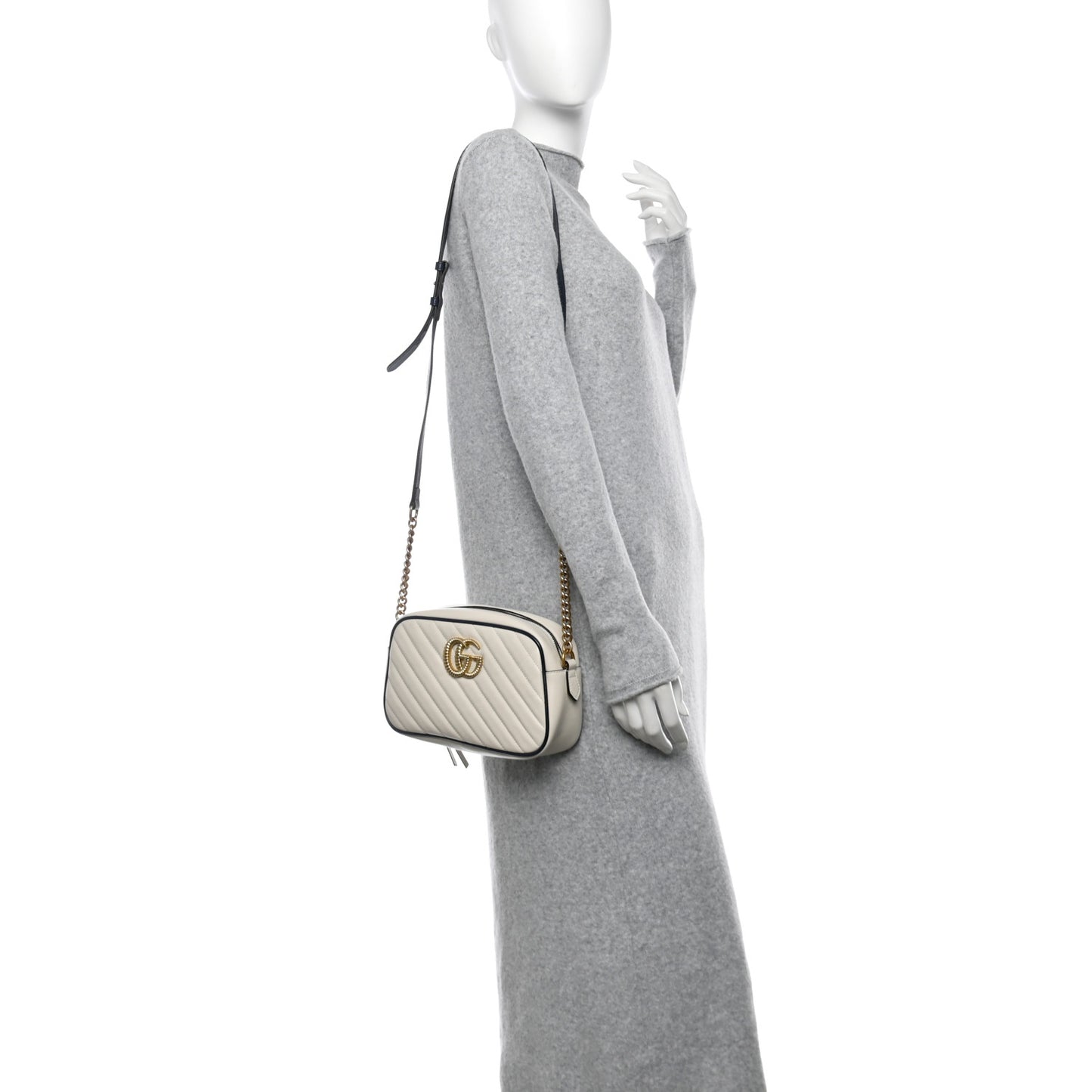 Vintage Effect Calfskin Matelasse Diagonal Small Torchon GG Marmont Chain Shoulder Bag Mystic White Blue Agata
