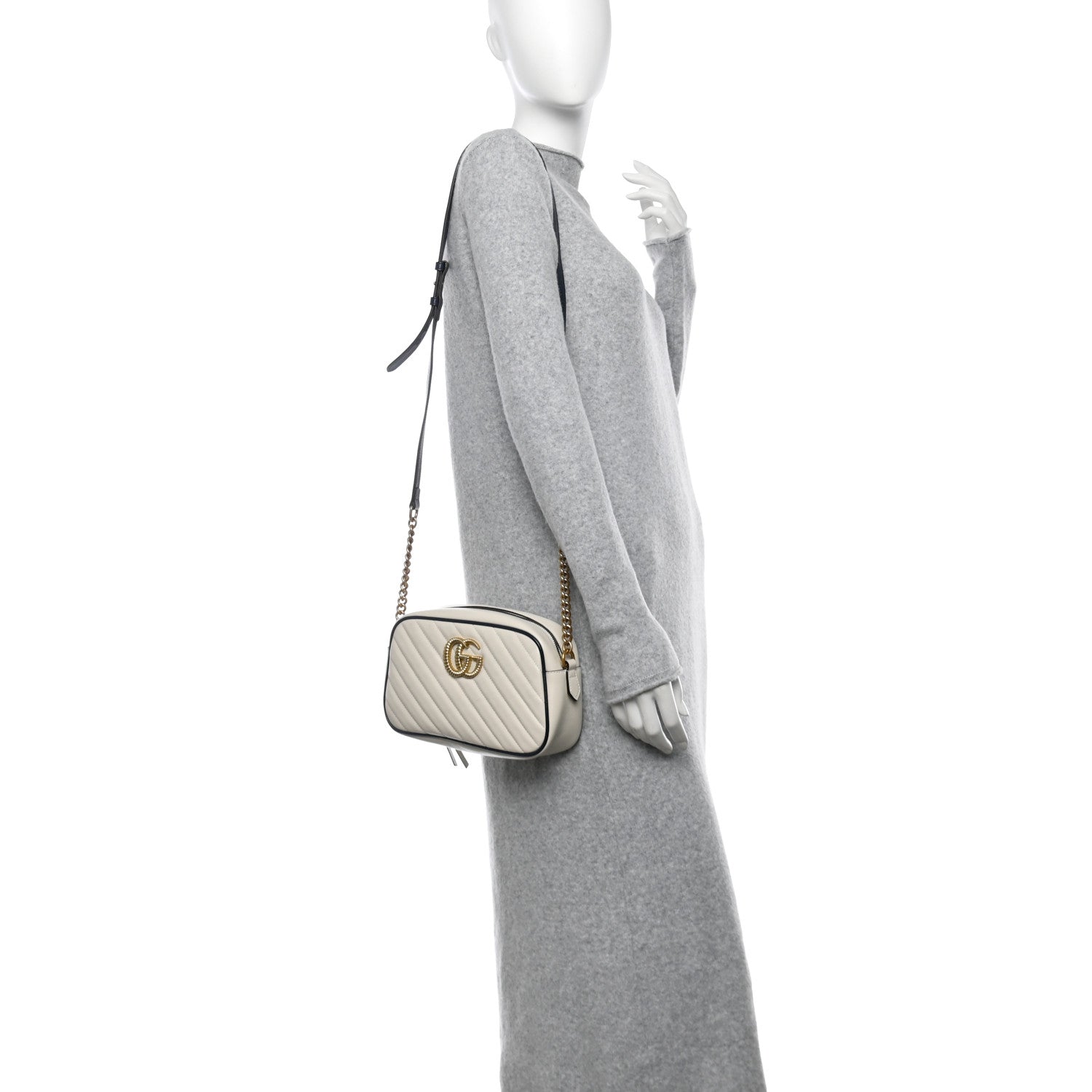 Gucci Vintage Effect Calfskin Matelasse Diagonal Small Torchon GG Marmont Chain Shoulder Bag Mystic White Blue Agata 2 of 10