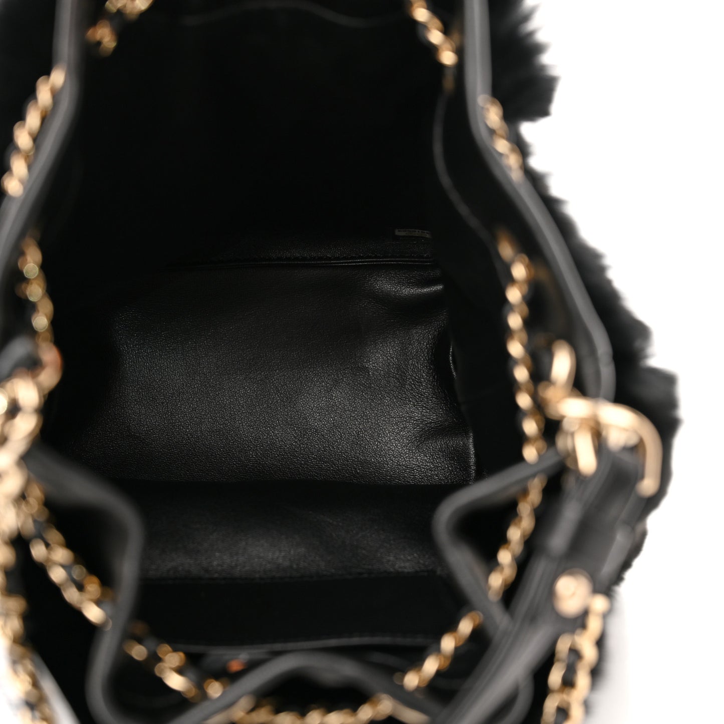 Fur Chain Drawstring Bucket Bag Black