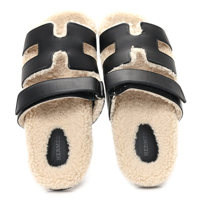 Hermes Calfskin Woolskin Chypre Sandals 40.5 Black Ecru 2 of 9
