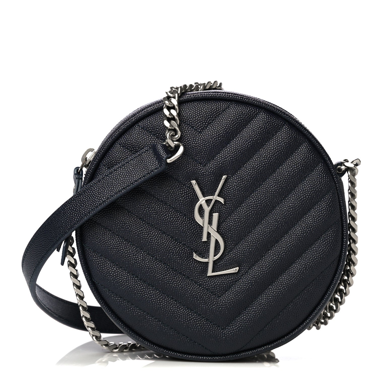 Saint Laurent Grain De Poudre Matelasse Chevron Quilted Round Vinyle Camera Bag Deep Marine 1 of 8