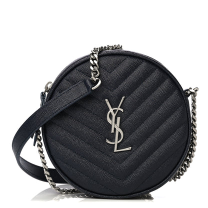 Saint Laurent Grain De Poudre Matelasse Chevron Quilted Round Vinyle Camera Bag Deep Marine 1 of 8
