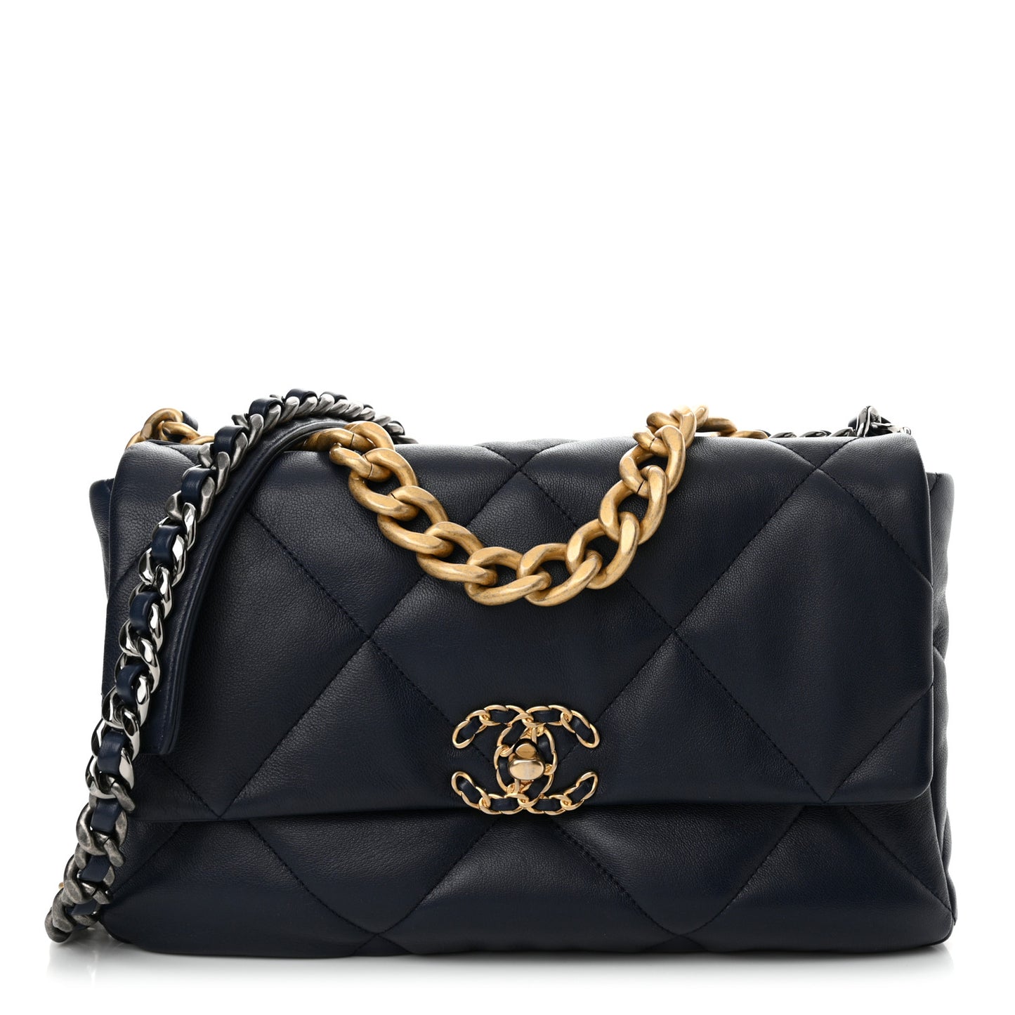 Lambskin Quilted Large Chanel 19 Flap Navy Blue
