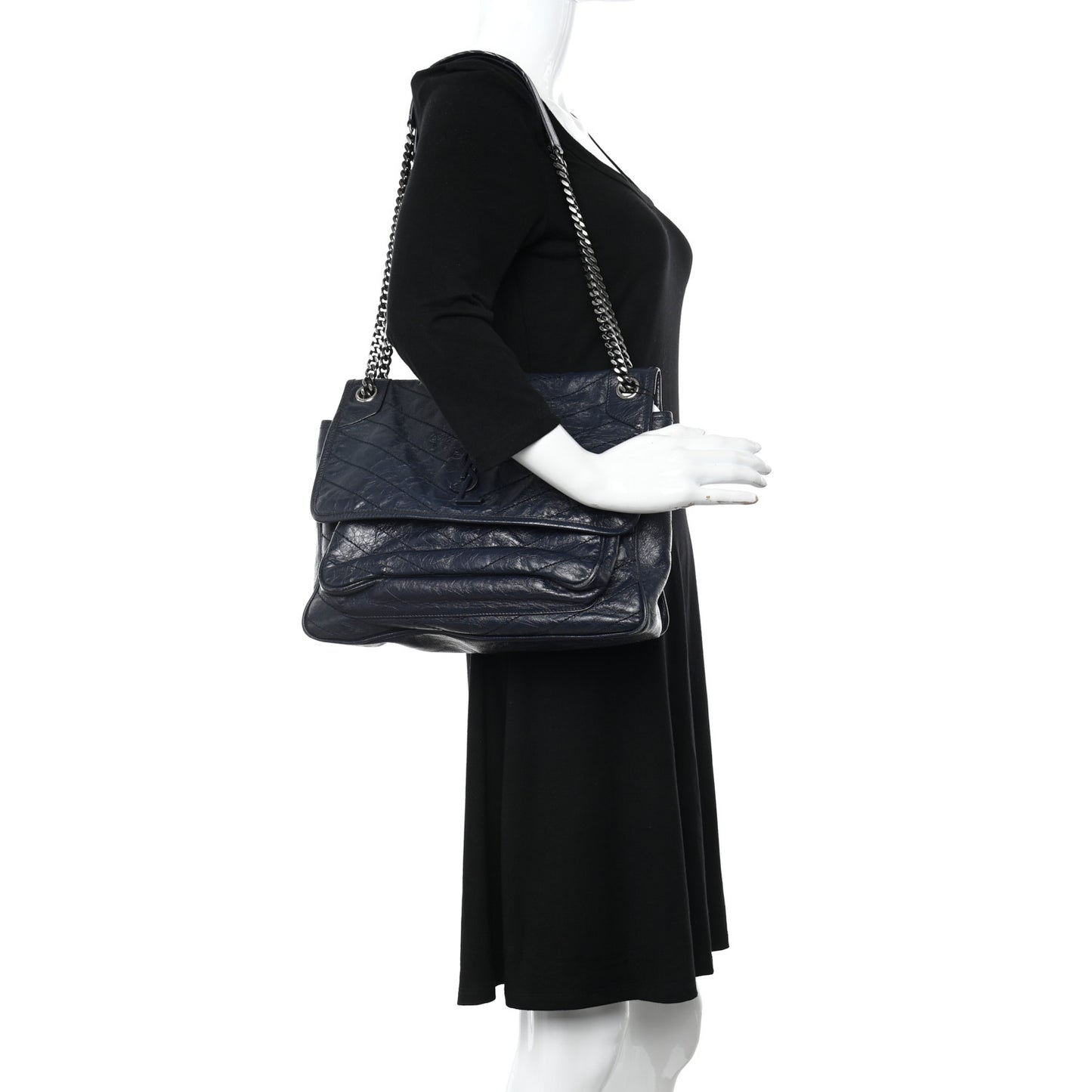 Crinkled Calfskin Matelasse Monogram Large Niki Chain Satchel Deep Marine