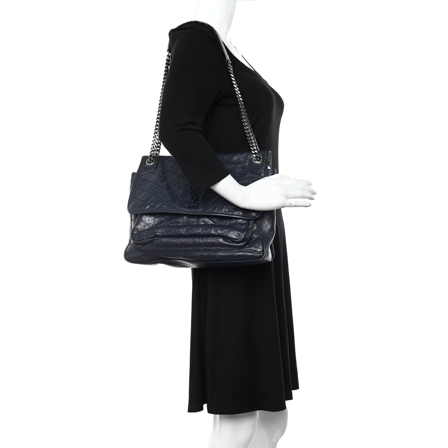 Saint Laurent Crinkled Calfskin Matelasse Monogram Large Niki Chain Satchel Deep Marine 2 of 16