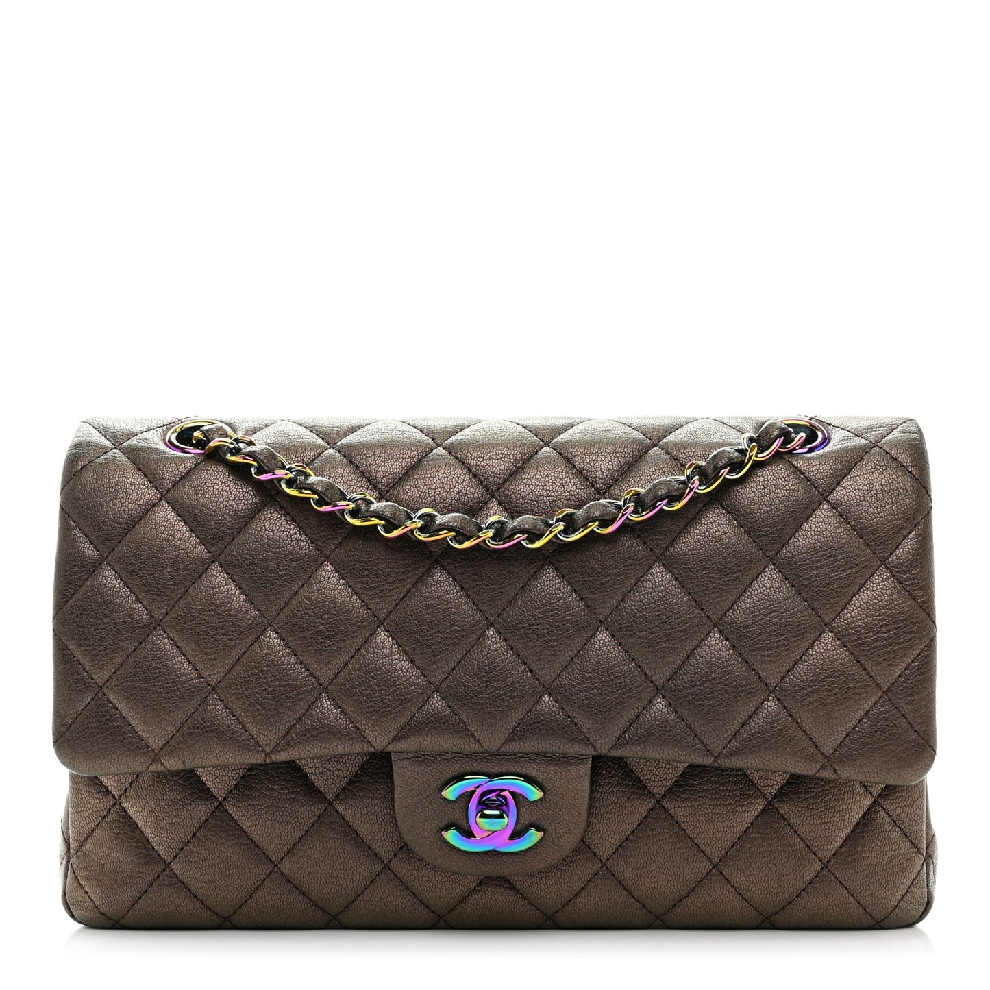 Iridescent Goatskin Quilted Medium Double Flap Bronze