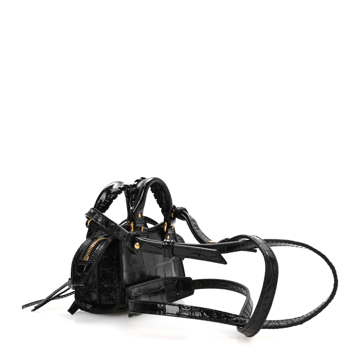 Balenciaga Shiny Supple Calfskin Crocodile Embossed Neo Classic Gold Hardware Super Nano City Crossbody Black 3 of 10