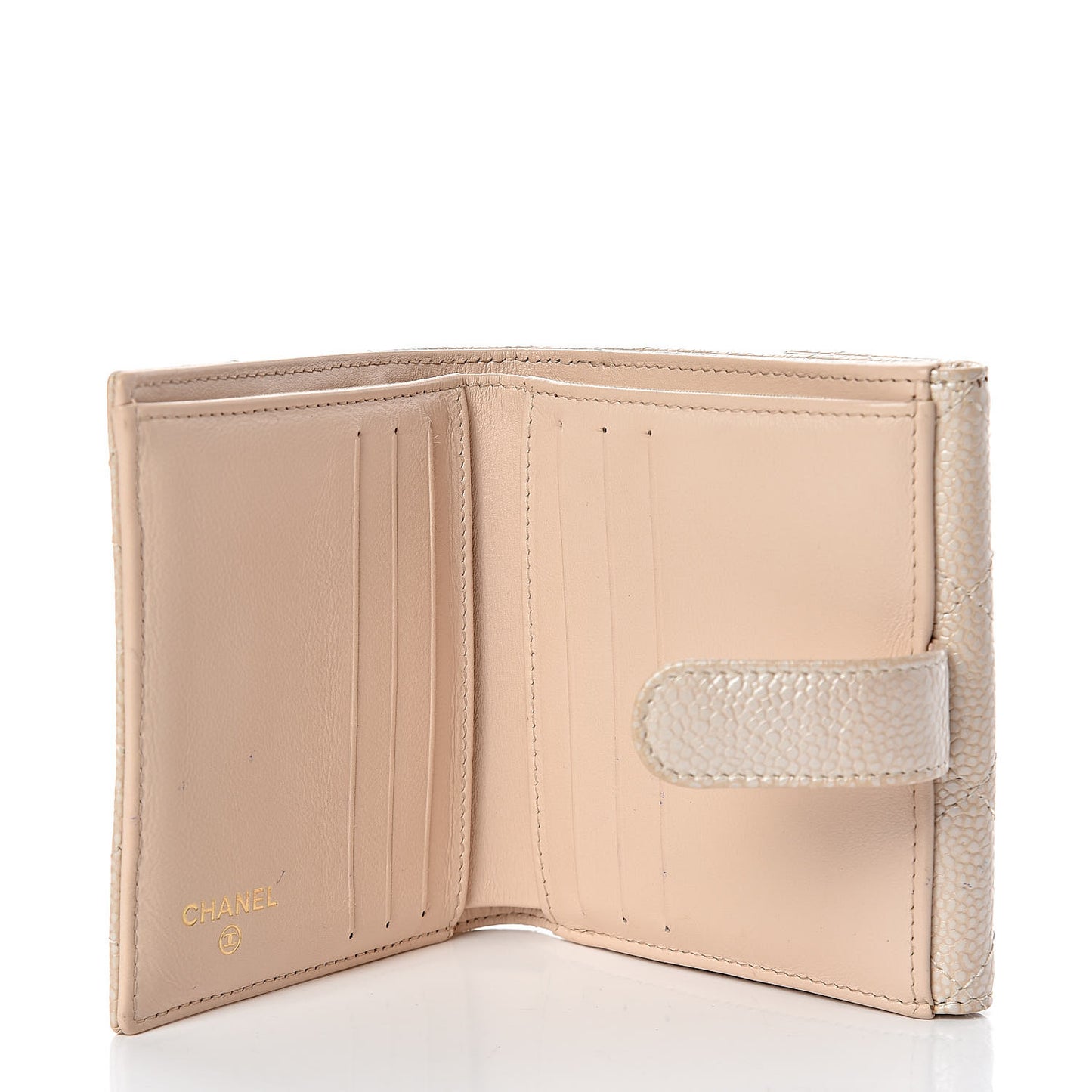 Metallic Caviar Quilted Compact French Flap Wallet Beige
