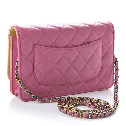 Chanel Lambskin Quilted Wallet On Chain WOC Pink Yellow 3 of 11