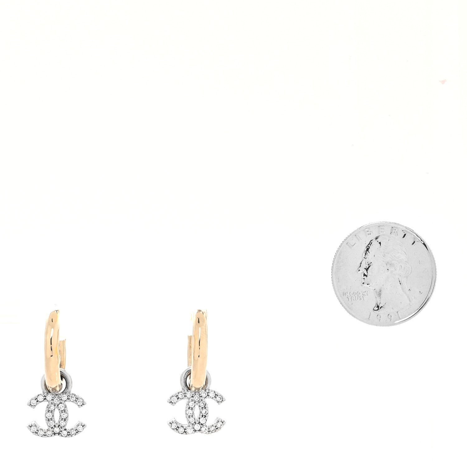 Chanel Metal Crystal CC Hoop Drop Earrings Gold 2 of 4