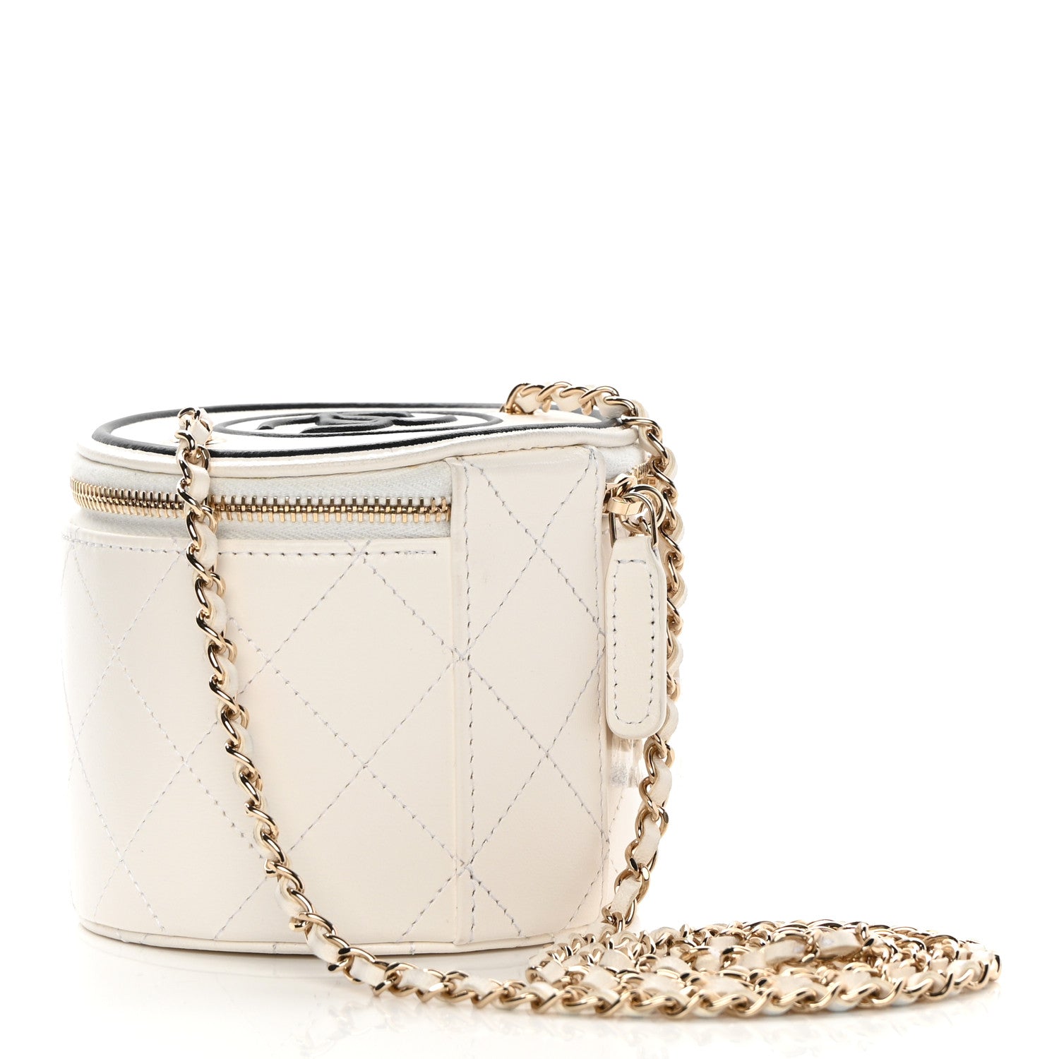 Chanel Lambskin Quilted Round Small Vanity Case With Chain White Black 3 of 13