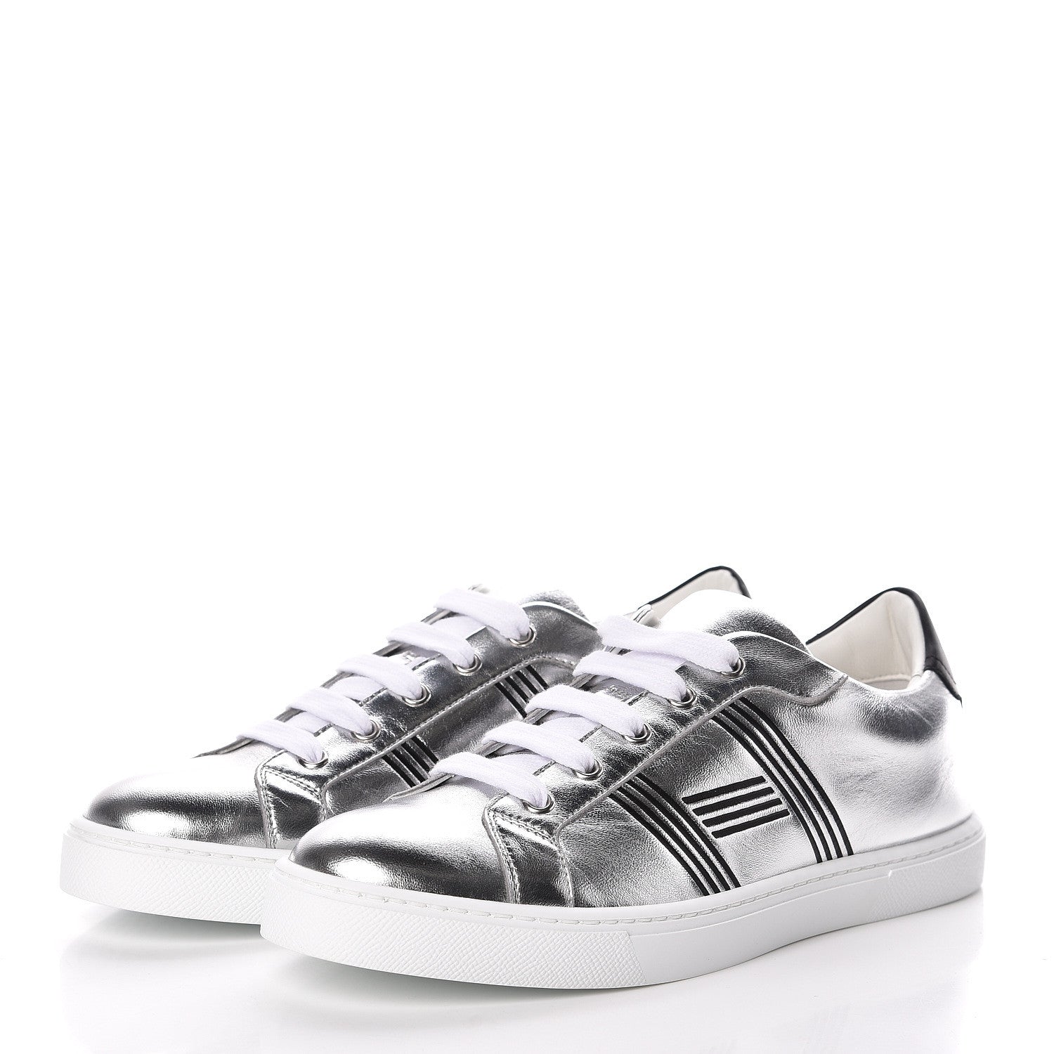 Hermes Metallic Nappa Calfskin Womens Avantage Sneakers 38 Gris Argente Black 3 of 7