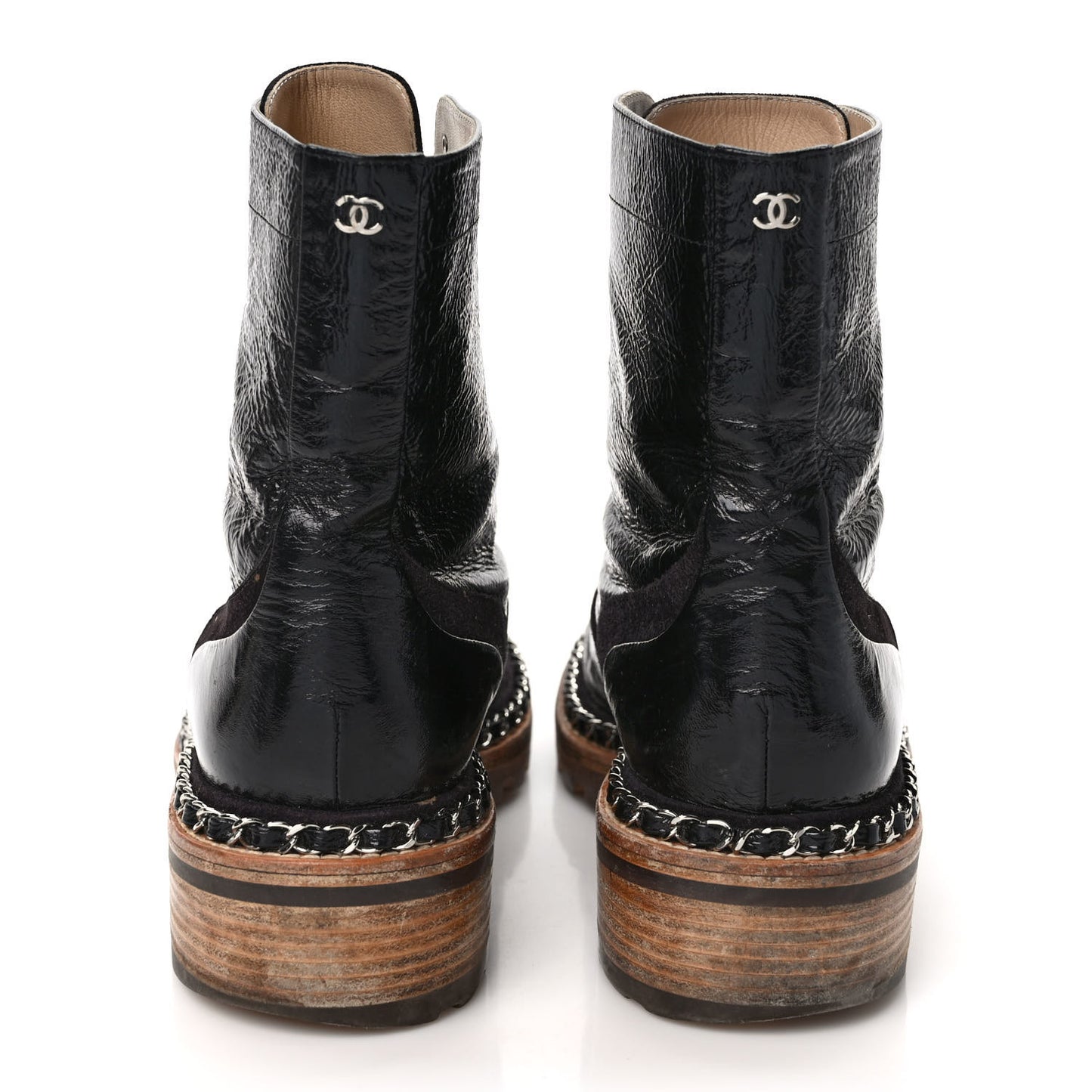 Patent Lace Up Chain Boots 40 Black