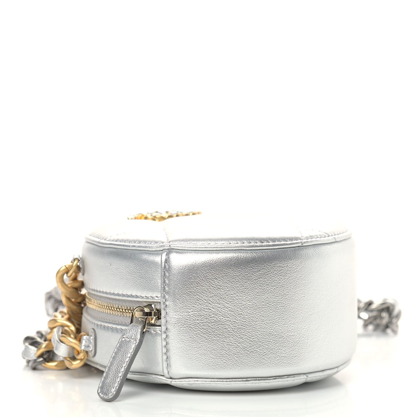 Metallic Lambskin Quilted Chanel 19 Round Clutch With Chain Silver