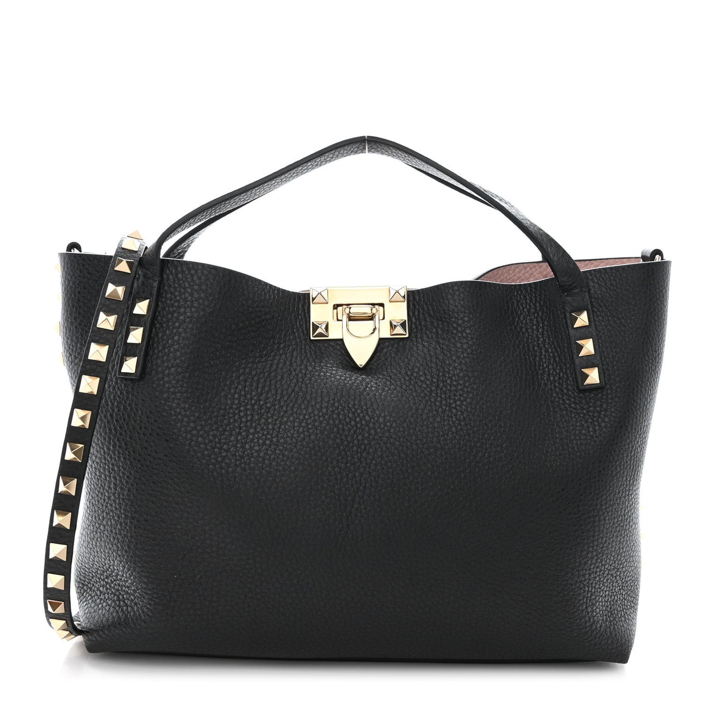 Grained Calfskin Small Rockstud Flip Lock Tote Black Rose Quartz