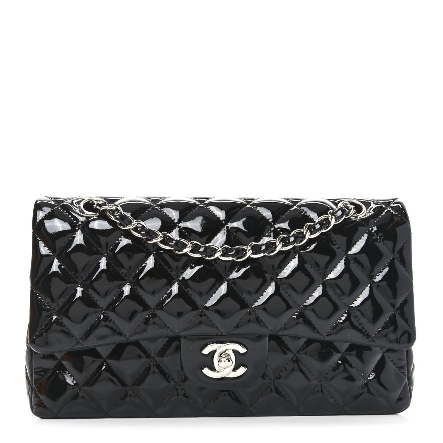 Patent Quilted Medium Double Flap Black