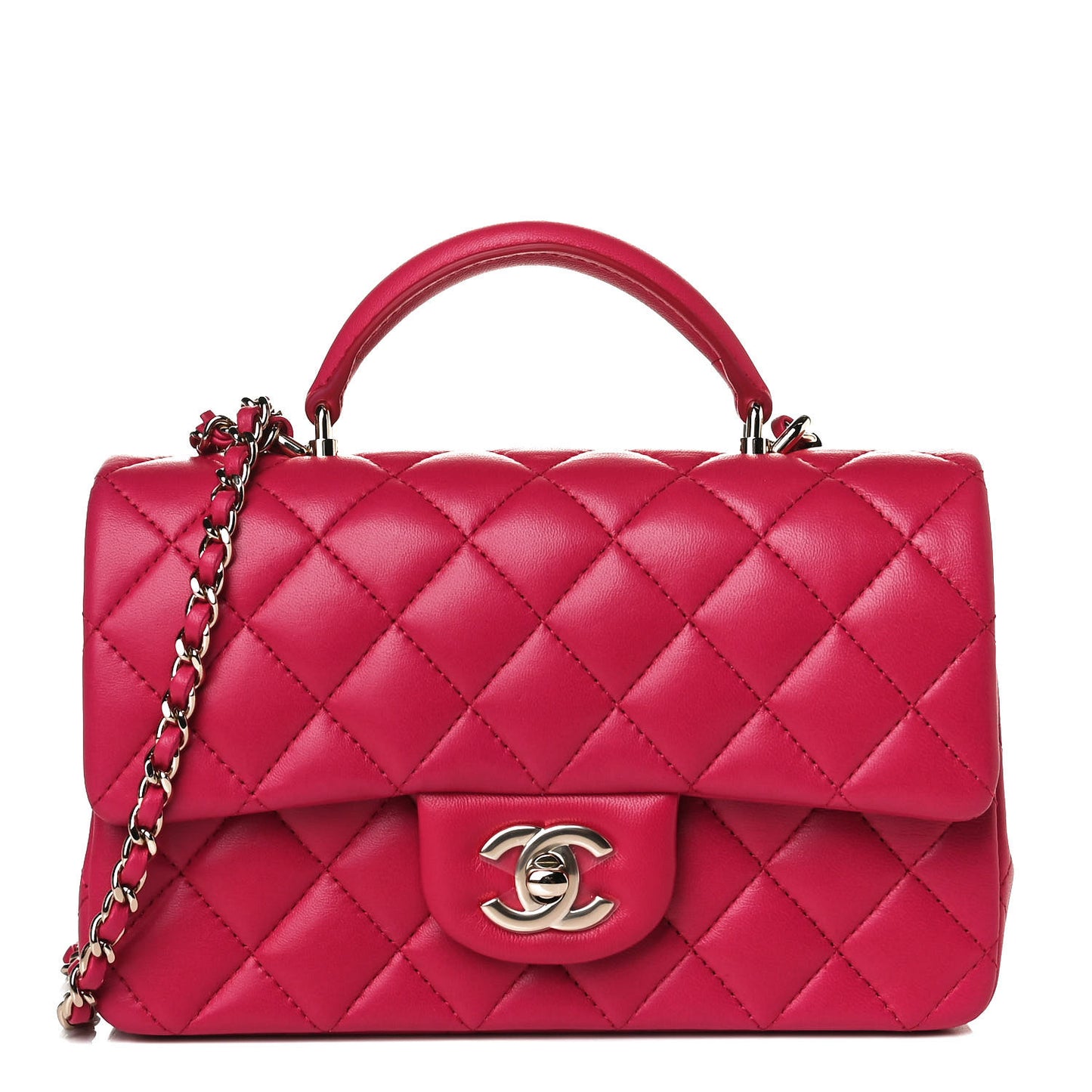 Lambskin Quilted Mini Top Handle Rectangular Flap Dark Pink