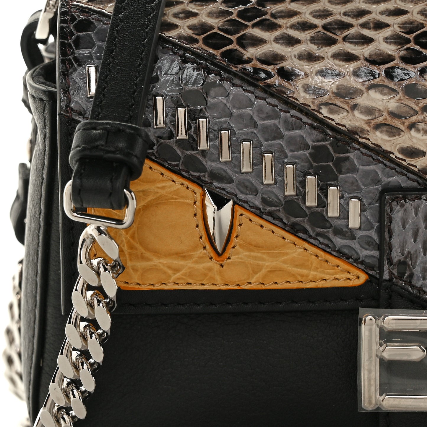 Calfskin Elaphe Crocodile Monster Studded Micro Double Baguette Black Grigio Polvere