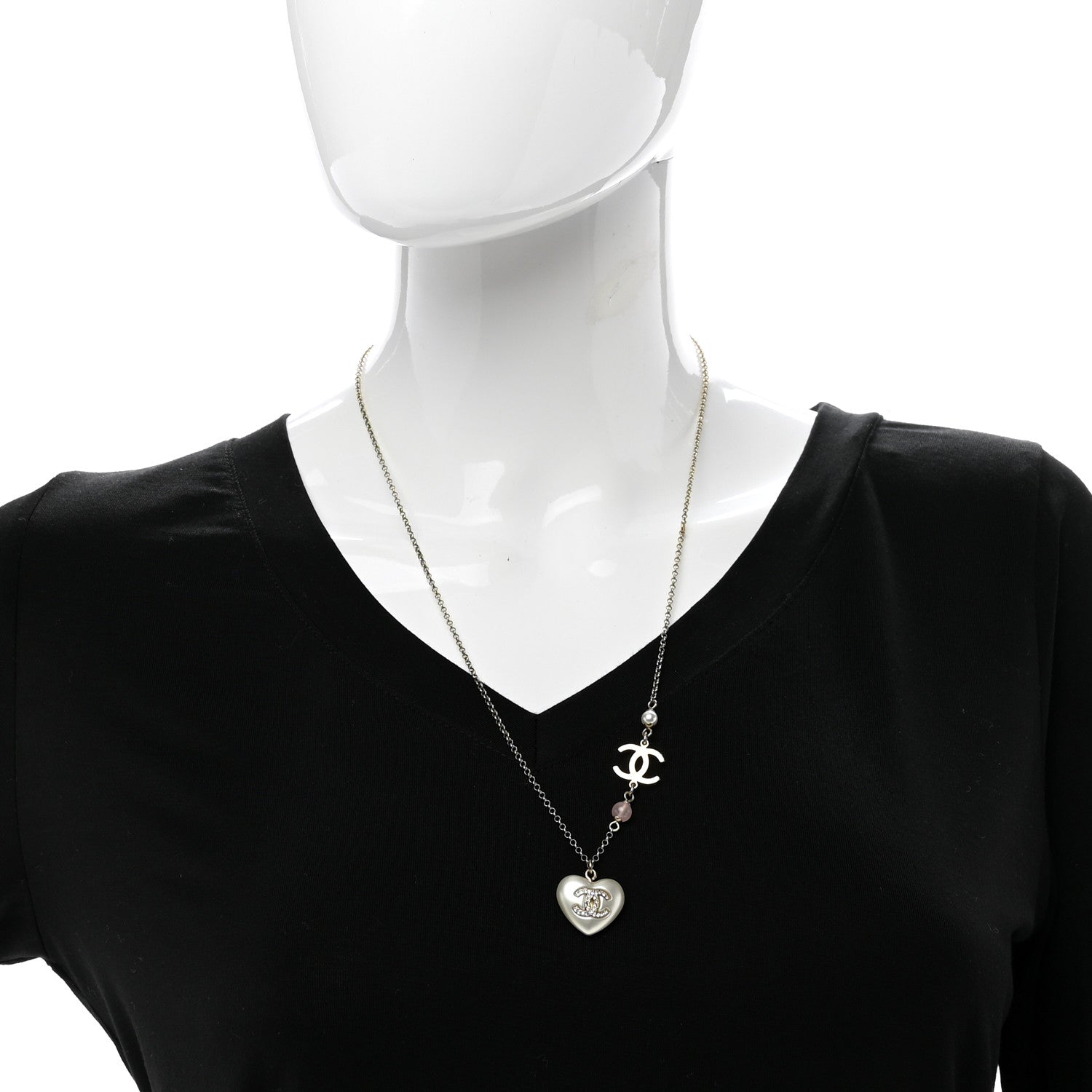 Chanel Resin Crystal CC Heart Necklace Pearly White Gold 2 of 4