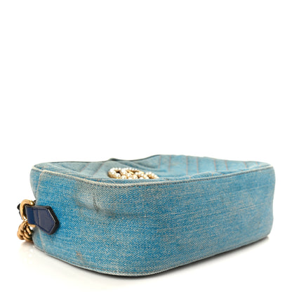 Gucci Denim Matelasse Small Pearly GG Marmont Chain Shoulder Bag Blue 4 of 11