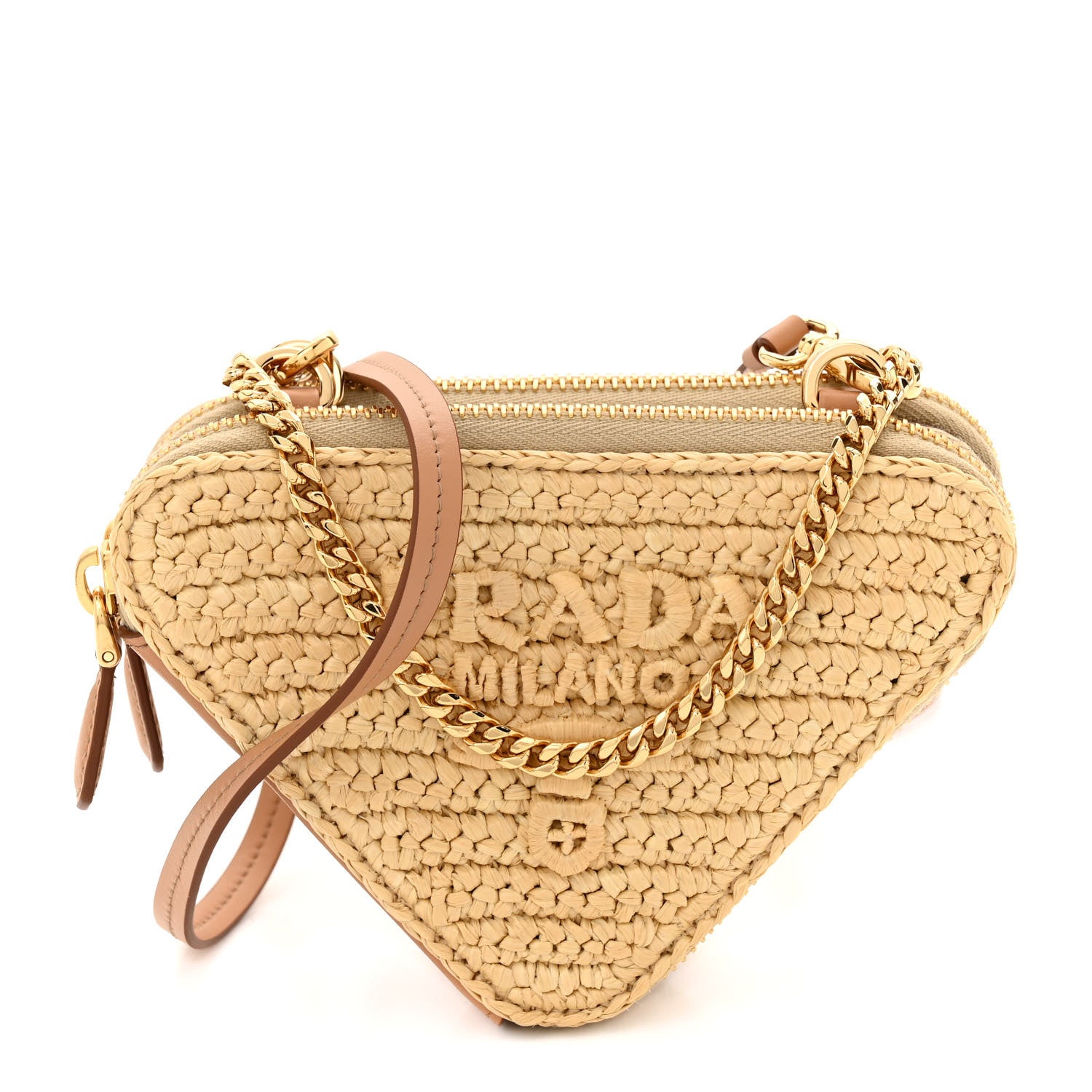 Prada Raffia Calfskin Crochet Logo Embroidered Mini Triangle Crossbody Pouch Naturale 1 of 10