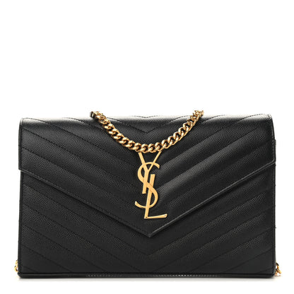 Saint Laurent Grain De Poudre Matelasse Chevron Monogram Chain Wallet Black 1 of 8