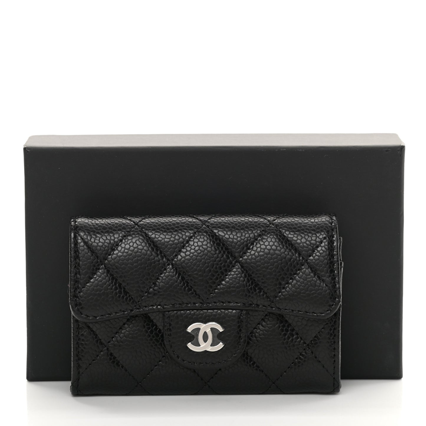 Caviar Quilted Flap Card Holder Wallet Black