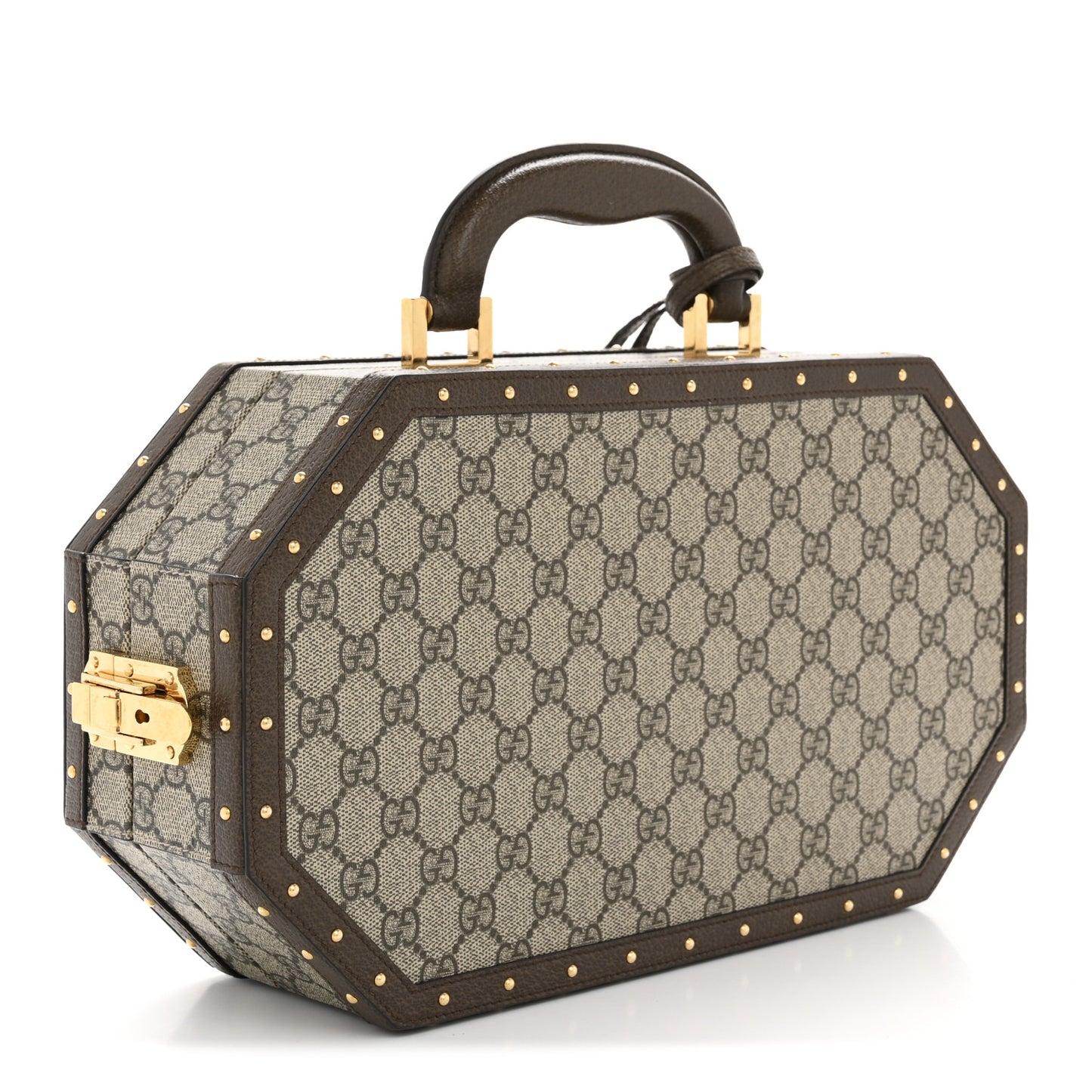GG Supreme Monogram Textured Dollar Calfskin Studded Padlock Octogon Top Handle Pet Travel Bowl Set Case Beige Ebony New Acero