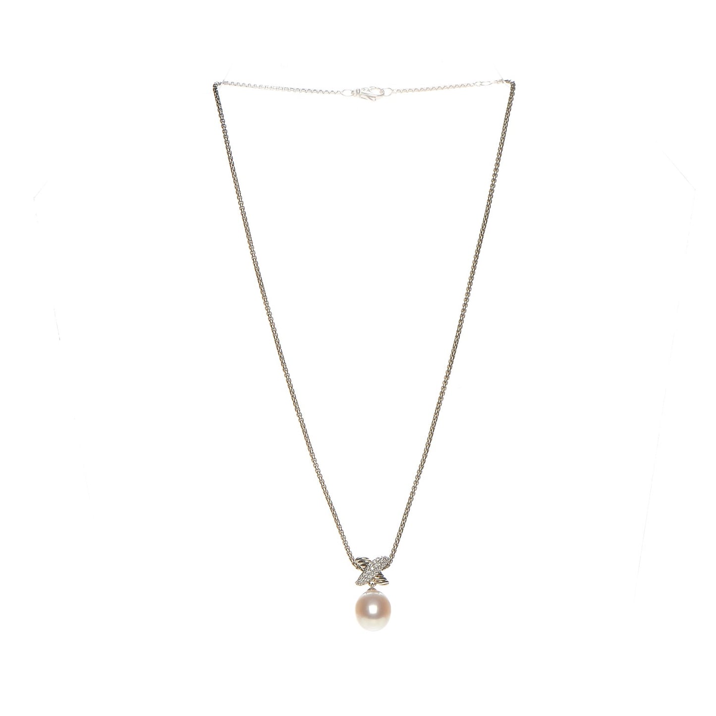 Sterling Silver Pearl Diamond 25mm X Pendant Necklace