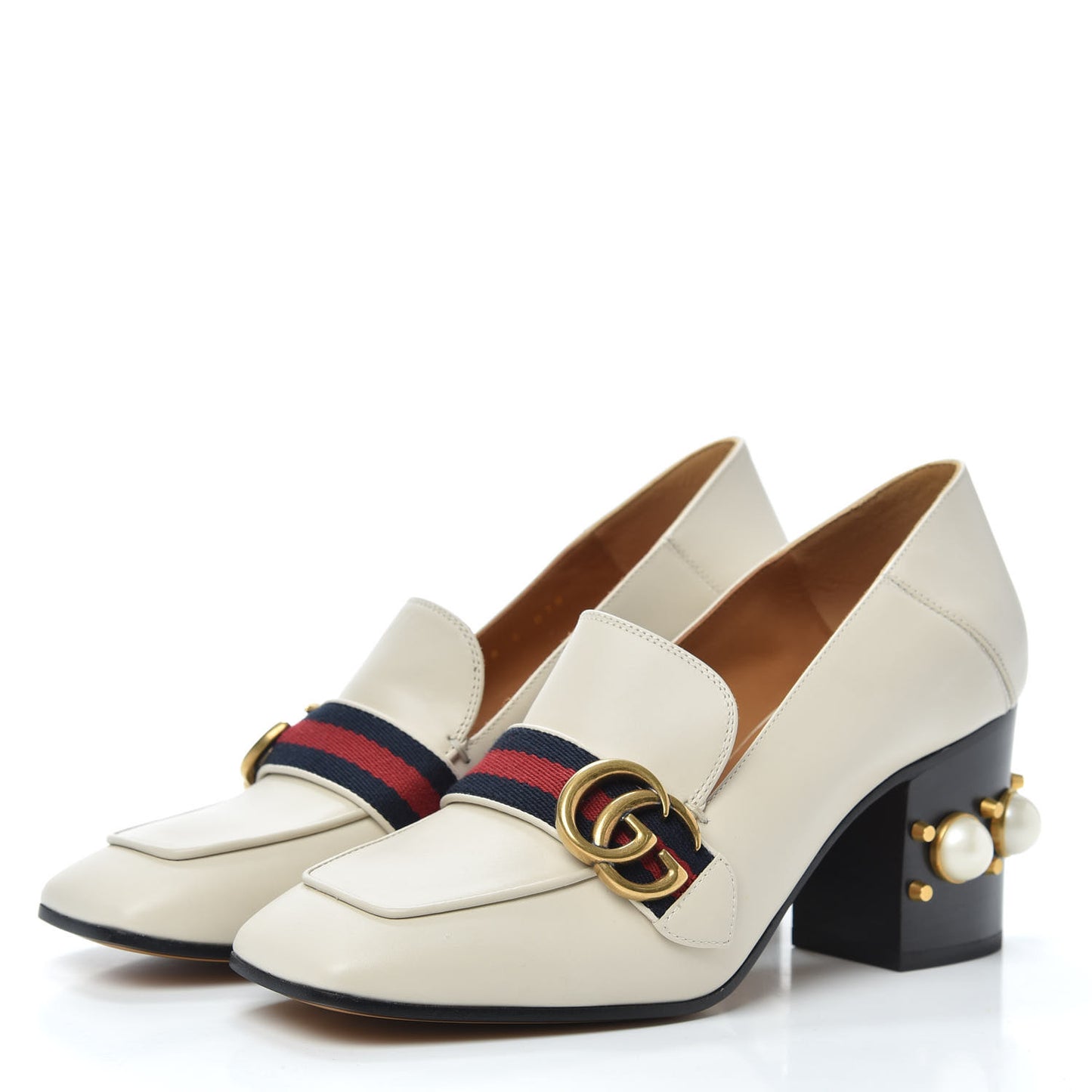 Betis Glamour Calfskin Web Pearl Embellished Peyton 75mm Loafer Pumps 38 Mystic White