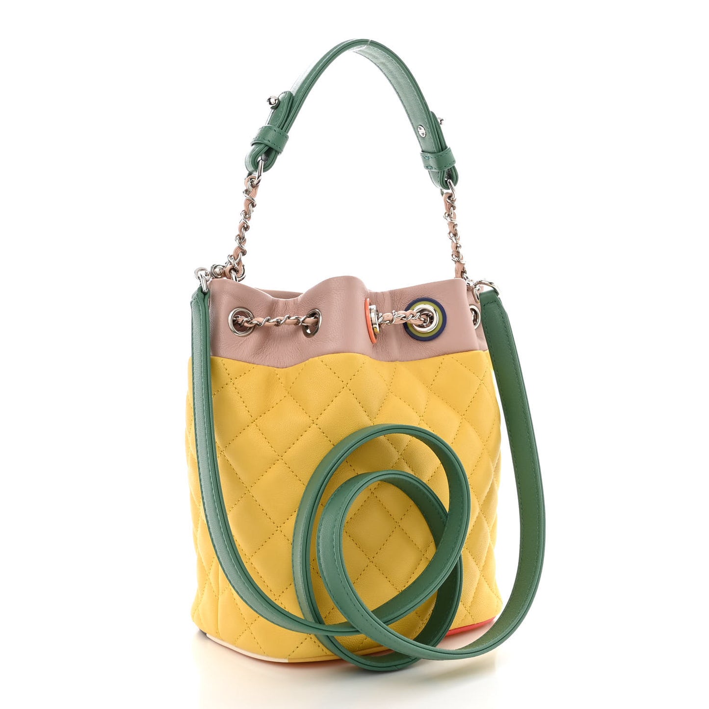 Lambskin Quilted Cuba Drawstring Tote Yellow Pink Green