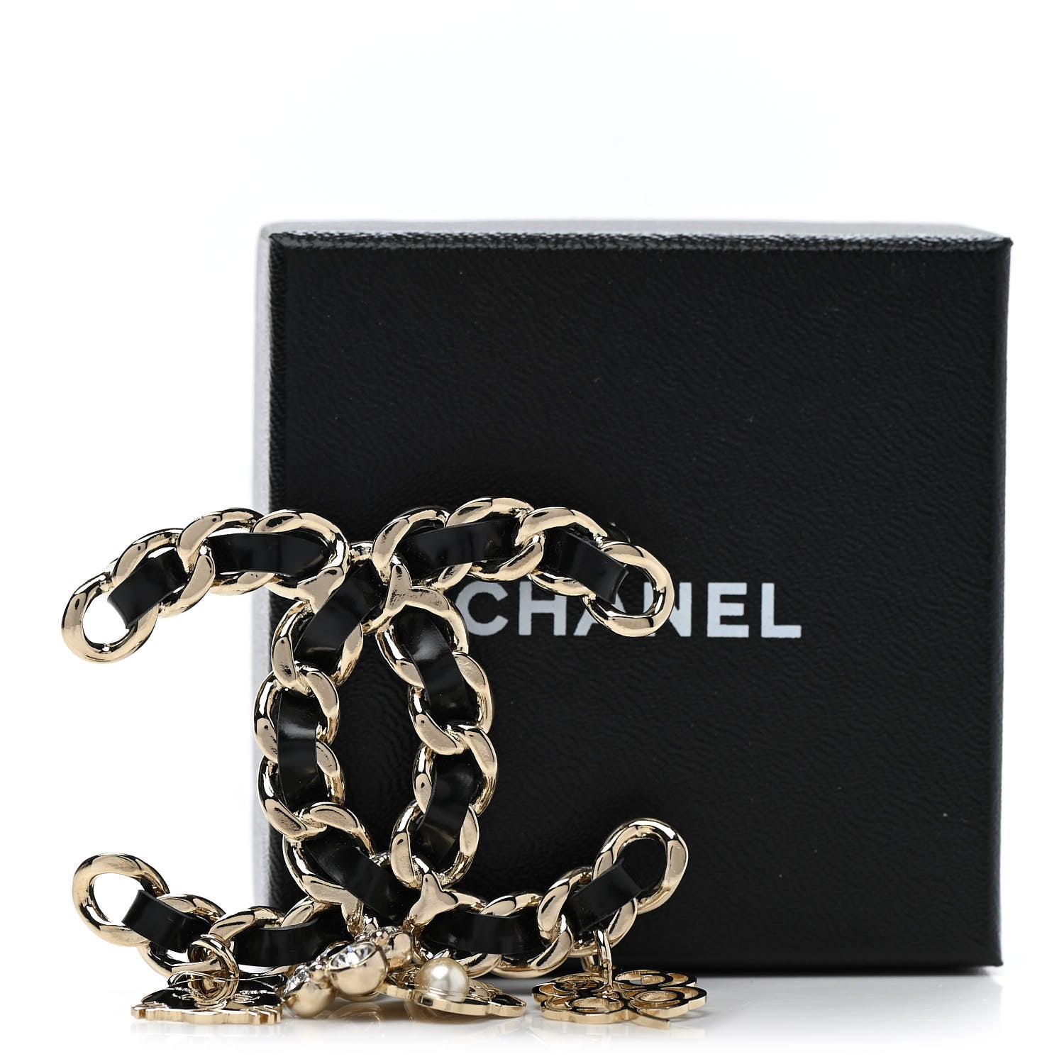 Chanel Lambskin Crystal Chain CC Charms Brooch Black Gold 5 of 5