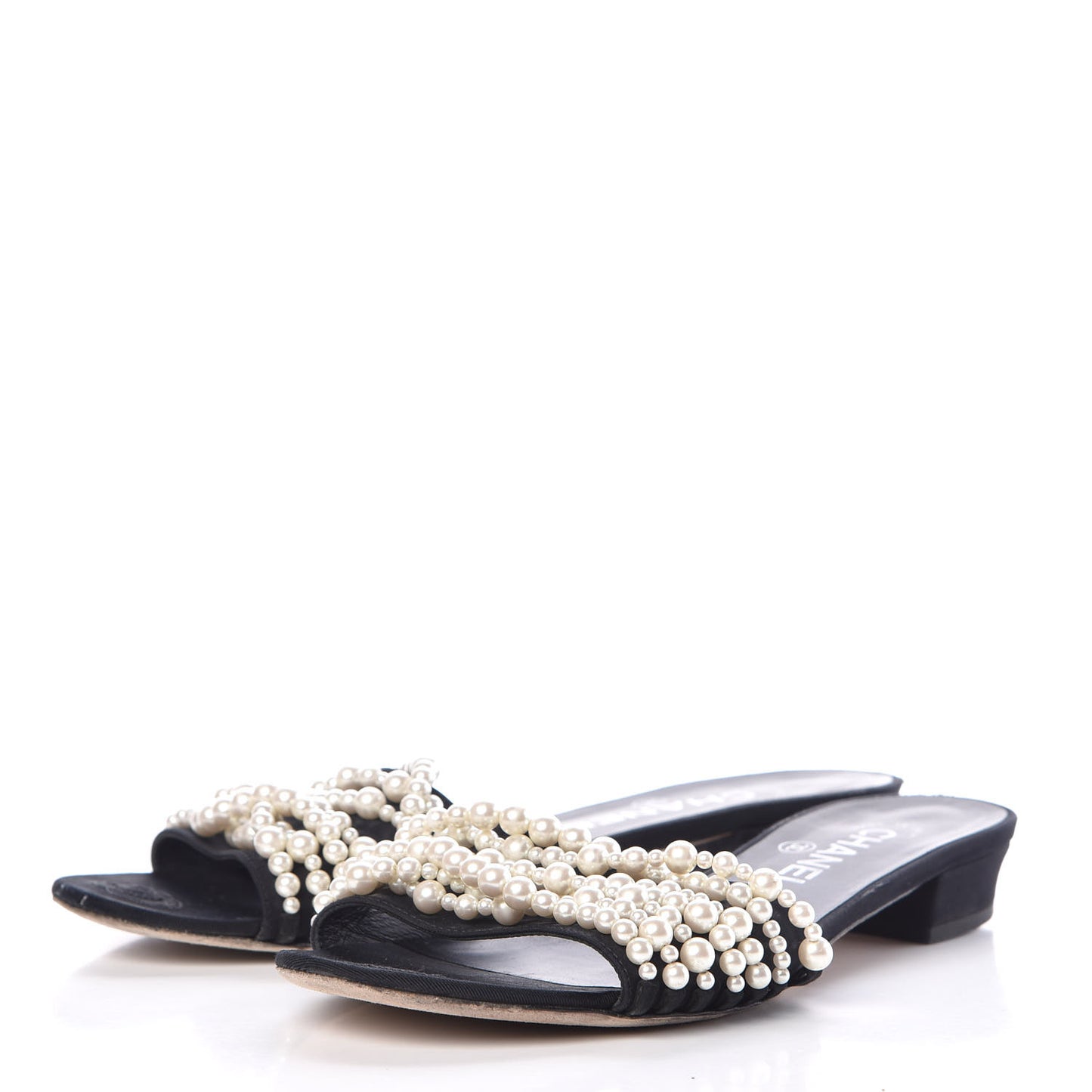Satin Pearl Flat Sandals 38.5 Black