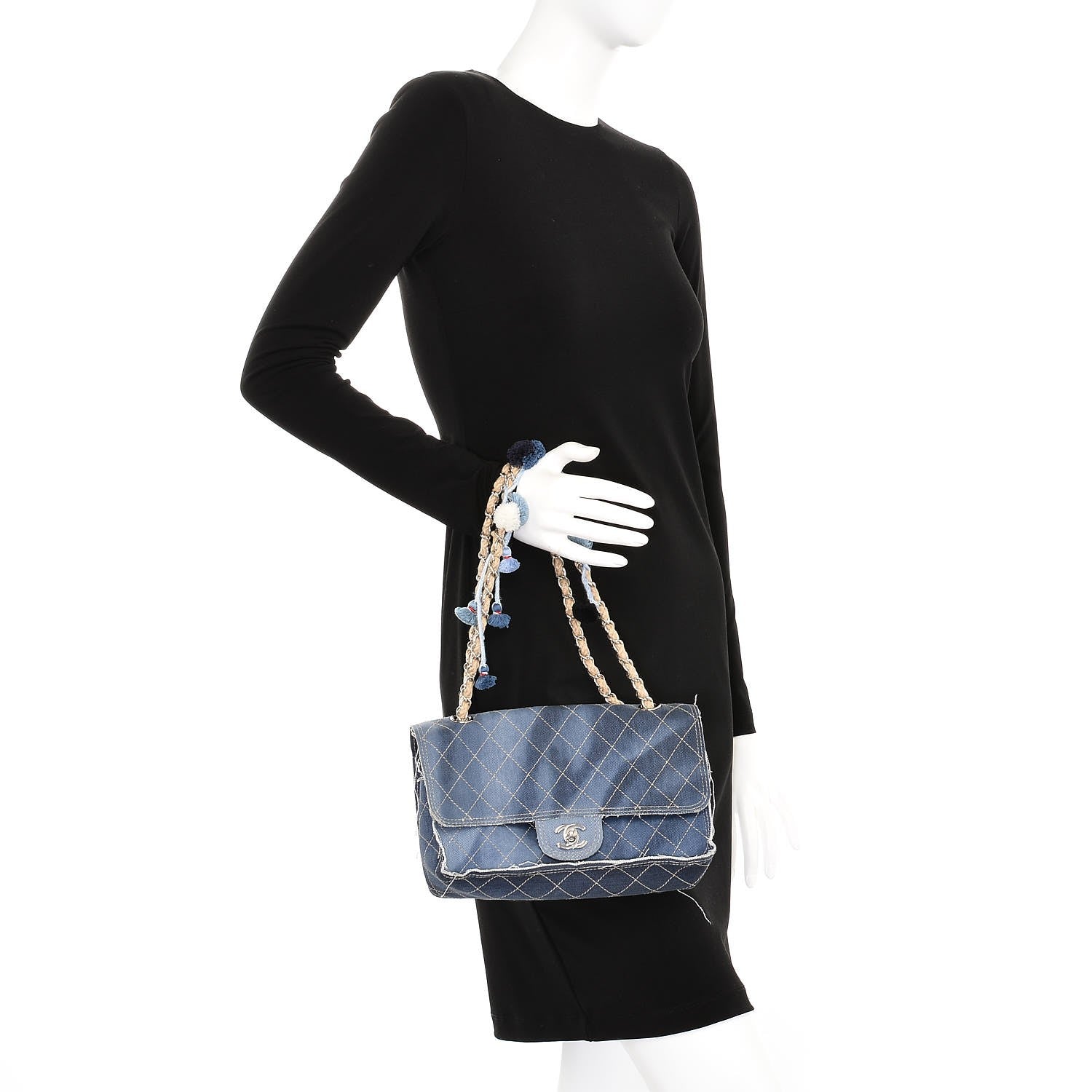Chanel Denim Quilted Jumbo Pompom Flap Dark Blue 3 of 8