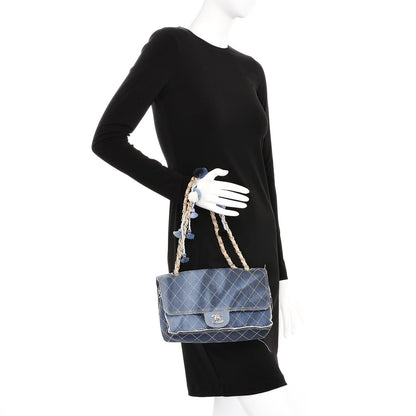 Chanel Denim Quilted Jumbo Pompom Flap Dark Blue 3 of 8
