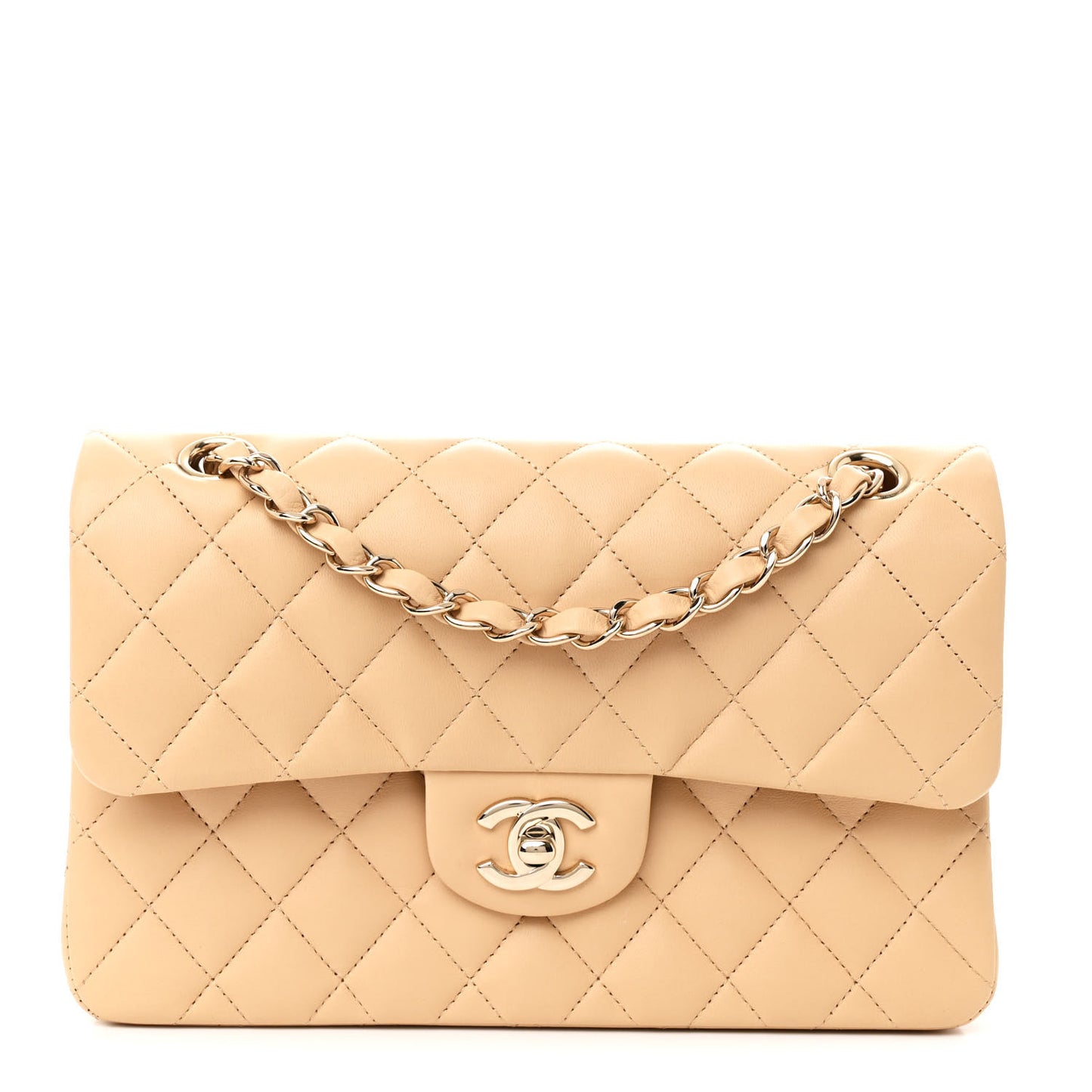 Lambskin Quilted Small Double Flap Beige