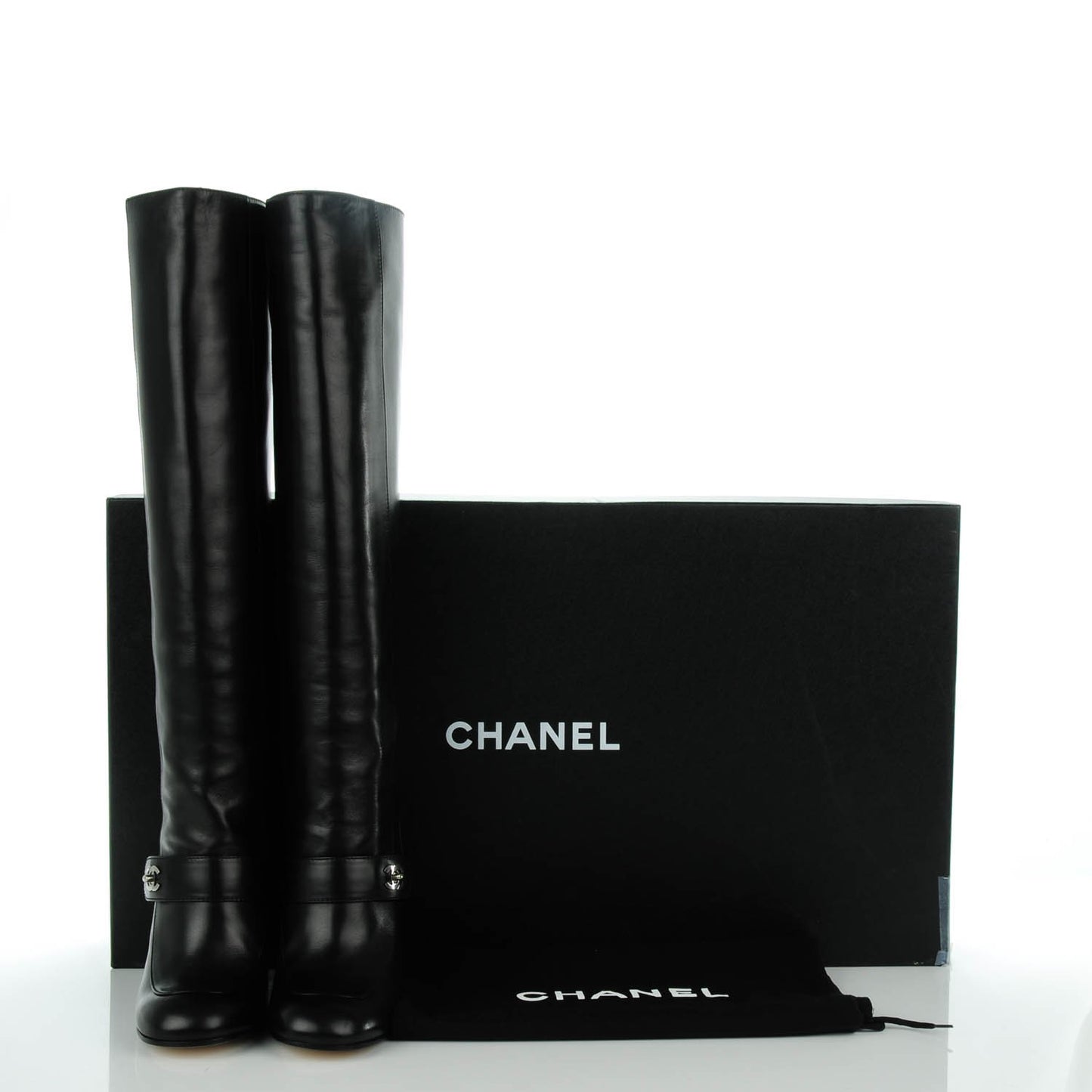 Calfskin CC Turnlock Knee High Boots 38 Black