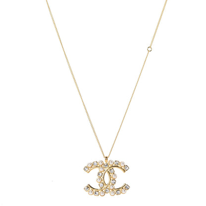 Chanel Crystal Pearl CC Pendant Necklace Gold 1 of 3