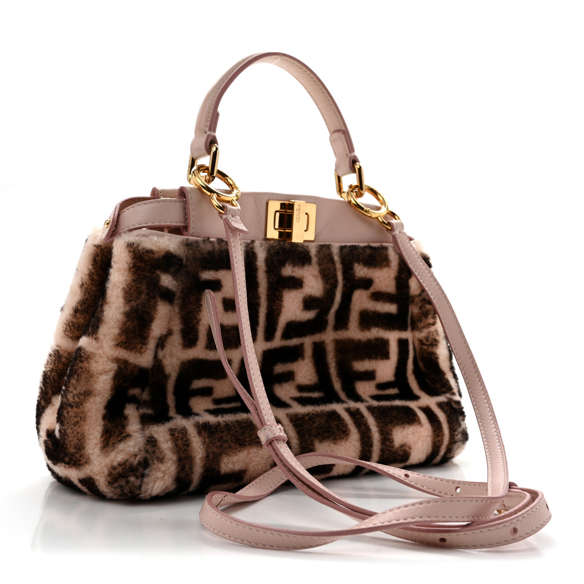 Shearling Nappa Macro FF 1974 Mini Peekaboo Iconic Satchel Light Rose Black