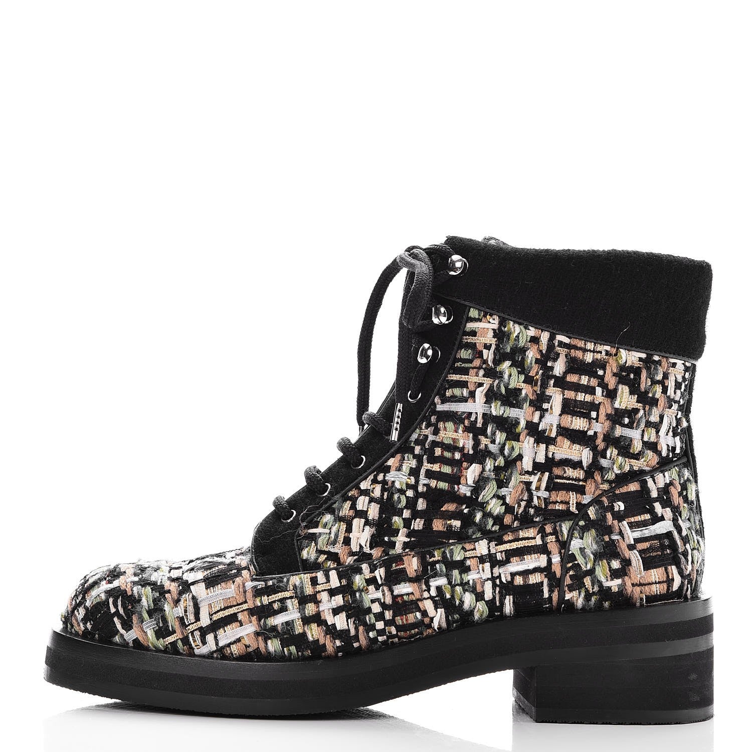 Chanel Tweed Lace Up Short Boots 38.5 Green Brown Black 1 of 10